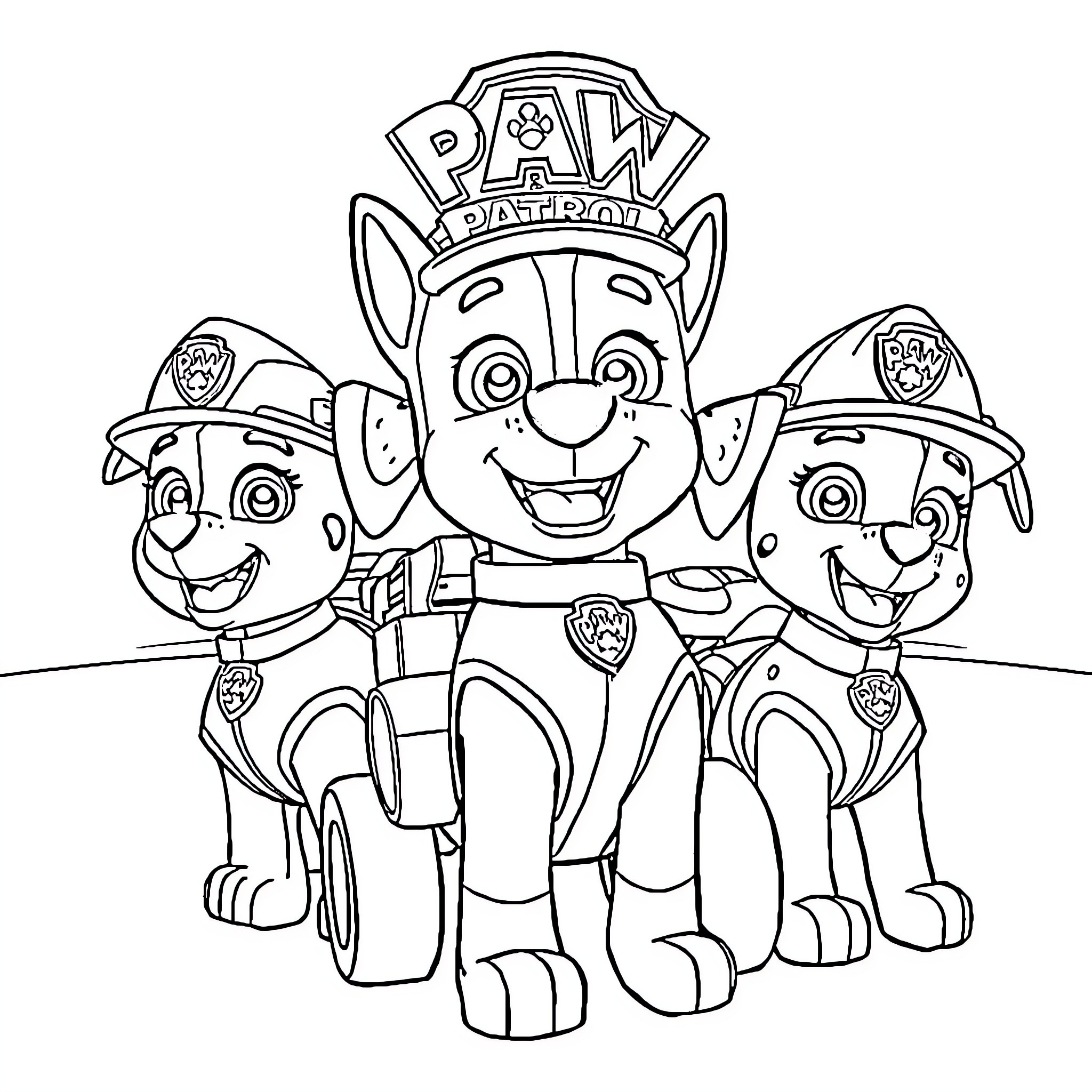 Paw Patrol Rescue Team in Action Coloring Page (free black-and-white line drawing printable PDF for all, from beginners to advanced learners, including children, teens, adults, and seniors)