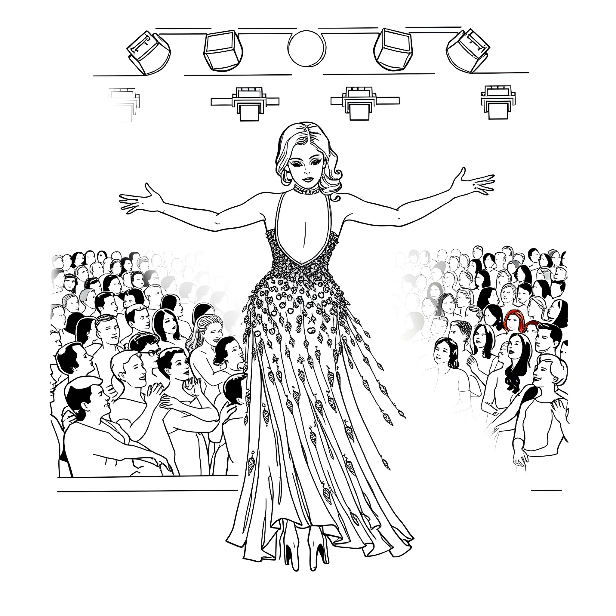 Jenny Rivera's Dazzling Stage Performance Coloring Page (free black-and-white line drawing printable PDF for all, from beginners to advanced learners, including children, teens, adults, and seniors)