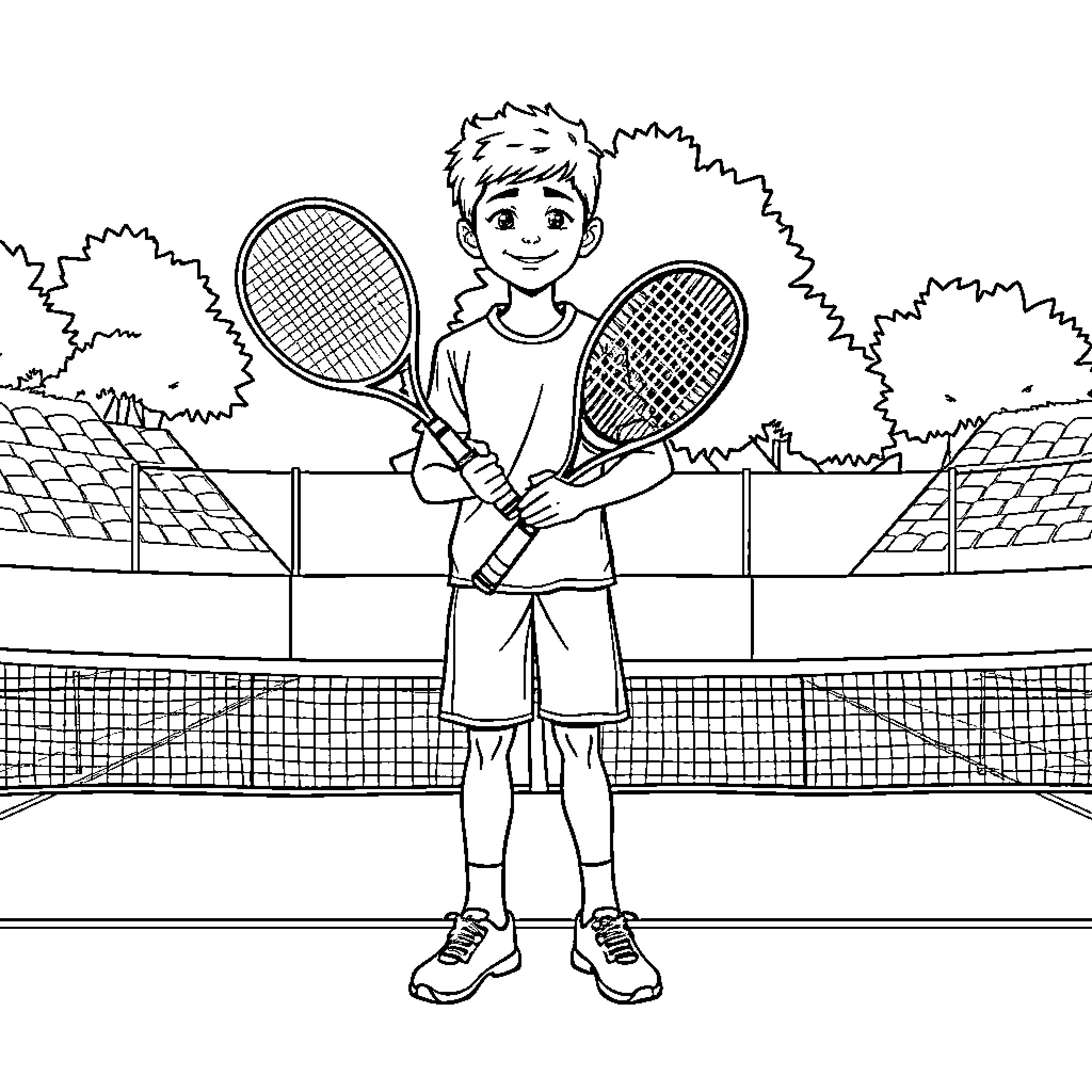 Carlos Alcaraz enjoying a tennis match on the court Coloring Page (free black-and-white line drawing printable PDF for all, from beginners to advanced learners, including children, teens, adults, and seniors)