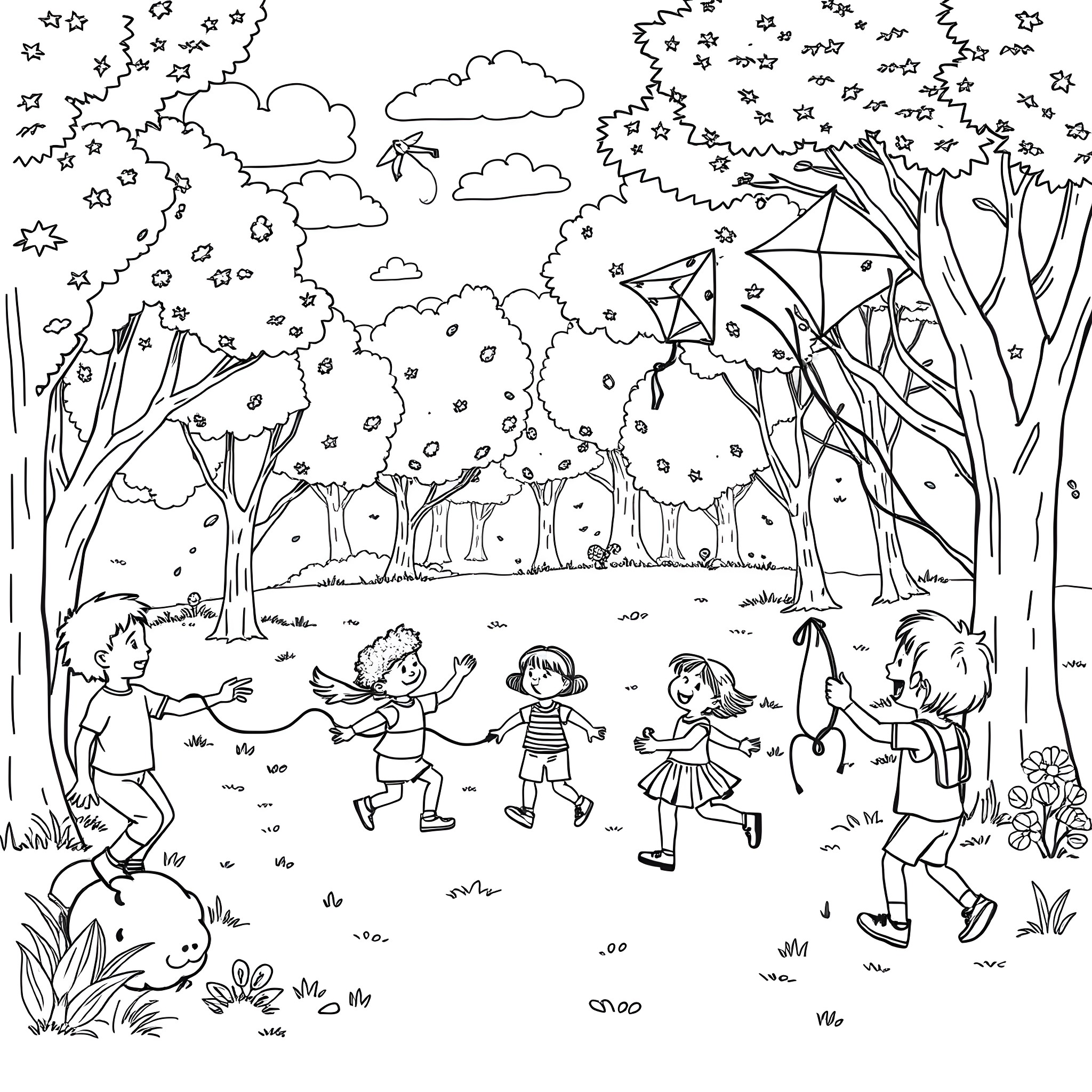 Kids playing joyfully in a whimsical forest scene Coloring Page (free black-and-white line drawing printable PDF for all, from beginners to advanced learners, including children, teens, adults, and seniors)