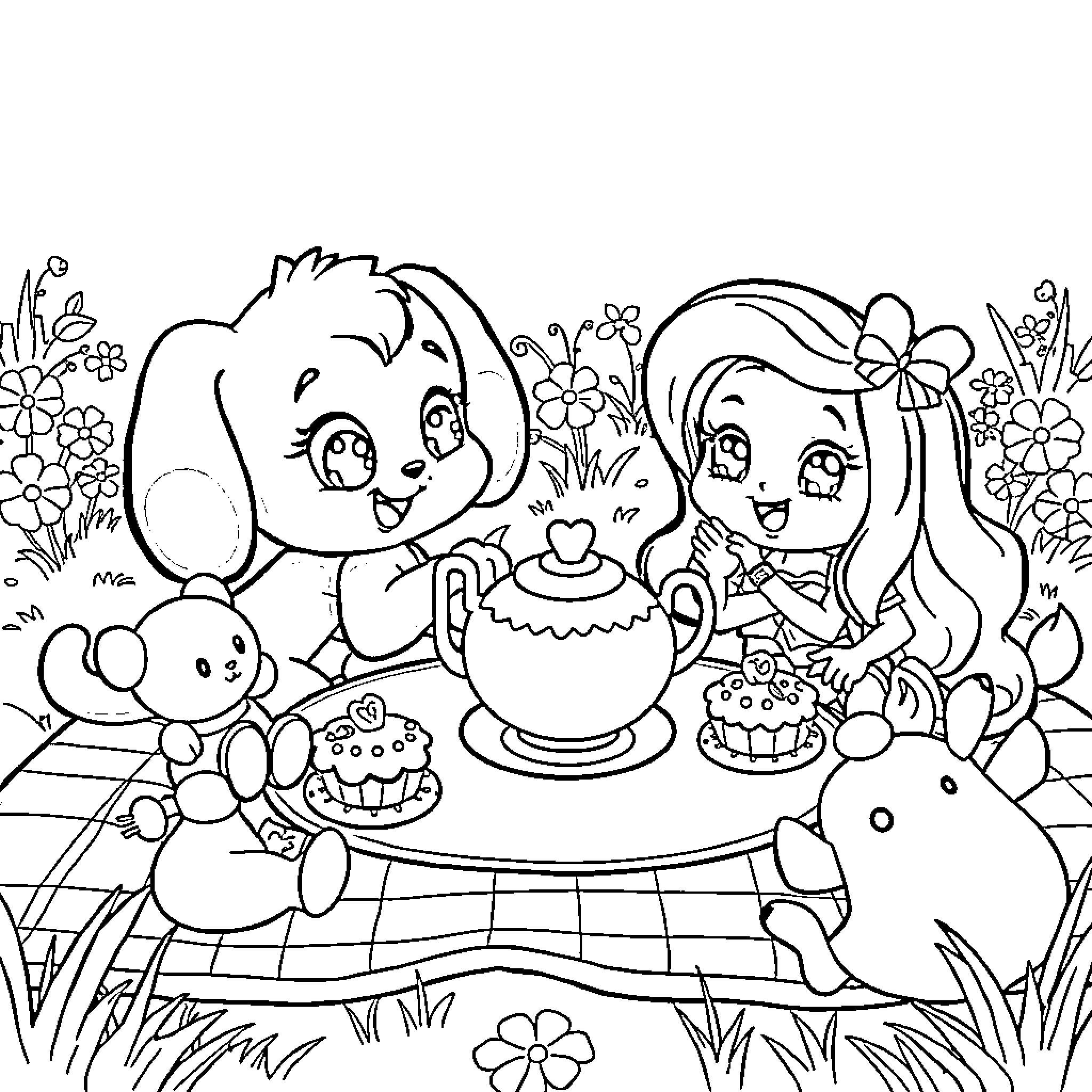 Bluey's Tea Party with Animal Friends Coloring Page (free black-and-white line drawing printable PDF for all, from beginners to advanced learners, including children, teens, adults, and seniors)