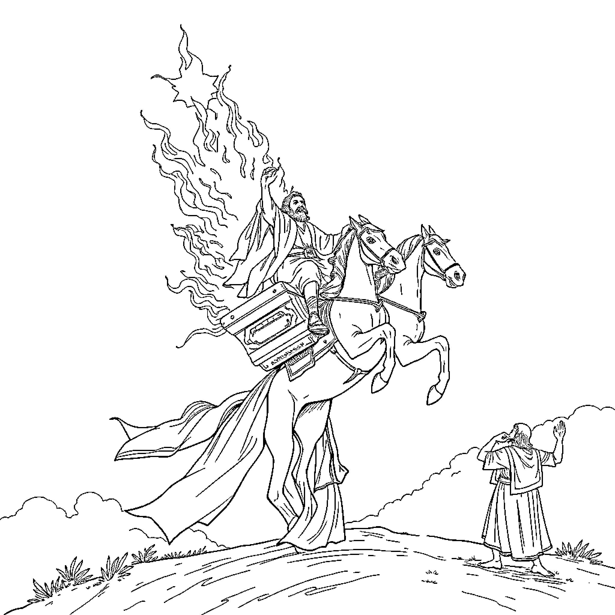 Elijah the Prophet Rides a Fiery Chariot Coloring Page (free black-and-white line drawing printable PDF for all, from beginners to advanced learners, including children, teens, adults, and seniors)