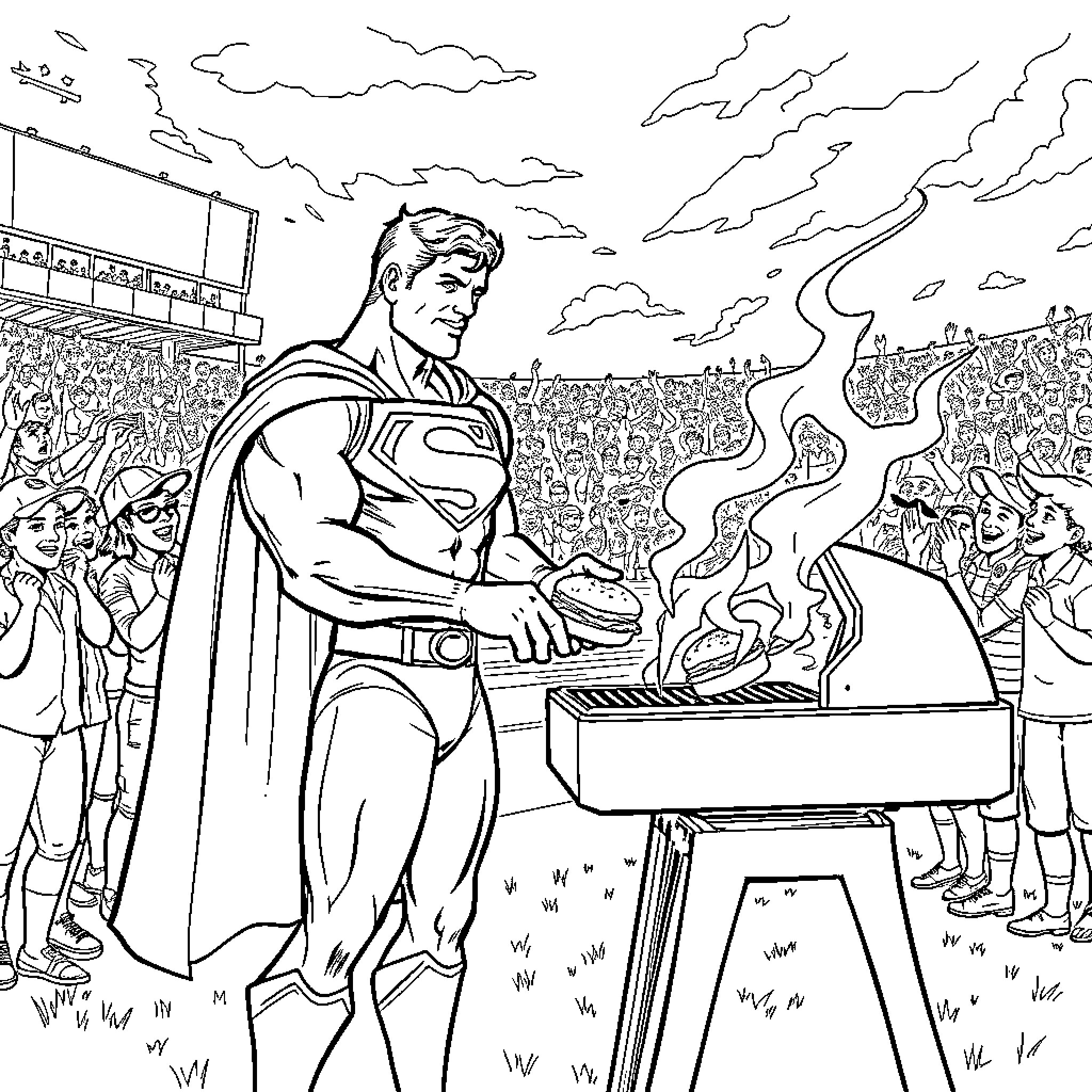 Superman on stage performing for a cheering crowd Coloring Page (free black-and-white line drawing printable PDF for all, from beginners to advanced learners, including children, teens, adults, and seniors)