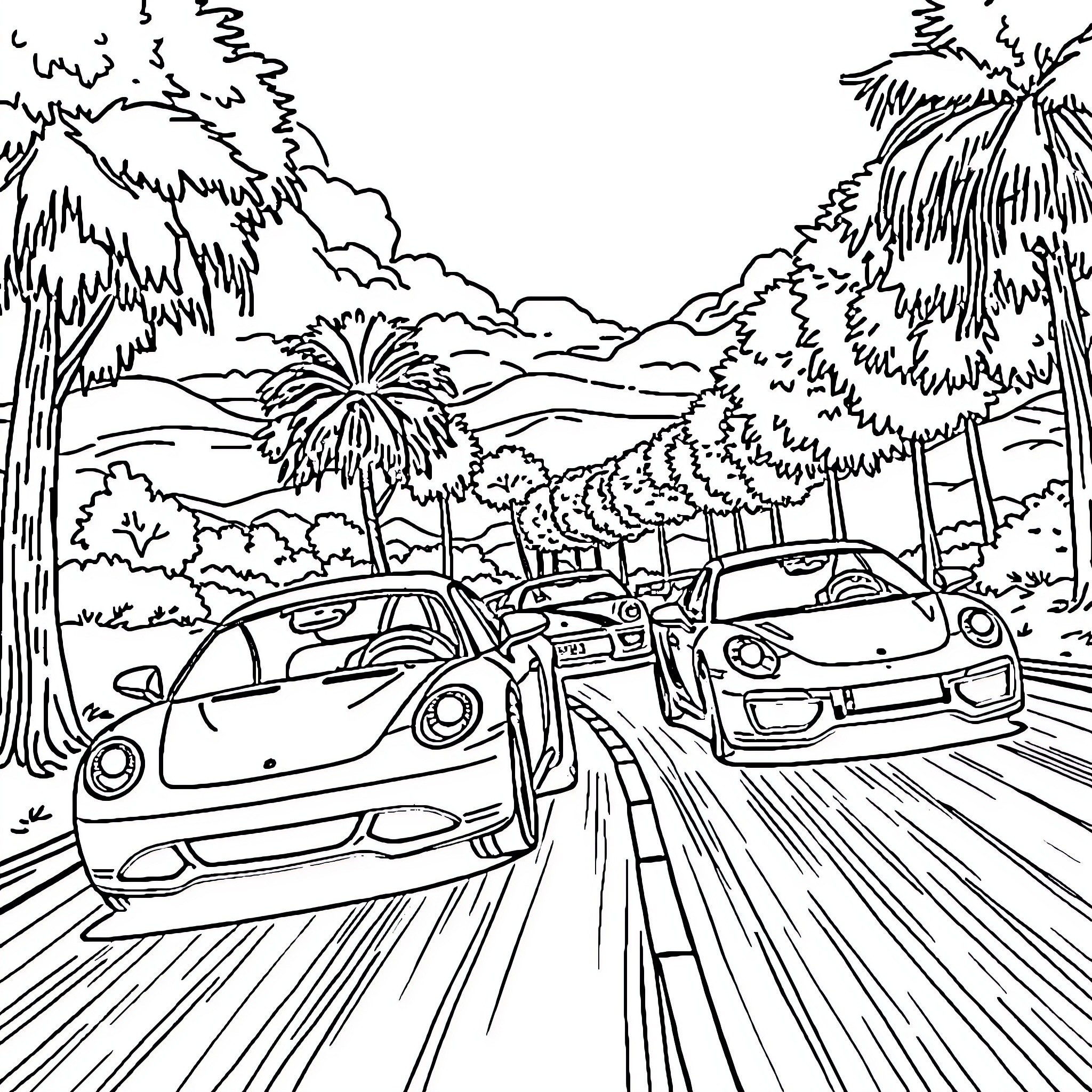 Cars racing on a scenic road in the countryside Coloring Page (free black-and-white line drawing printable PDF for all, from beginners to advanced learners, including children, teens, adults, and seniors)