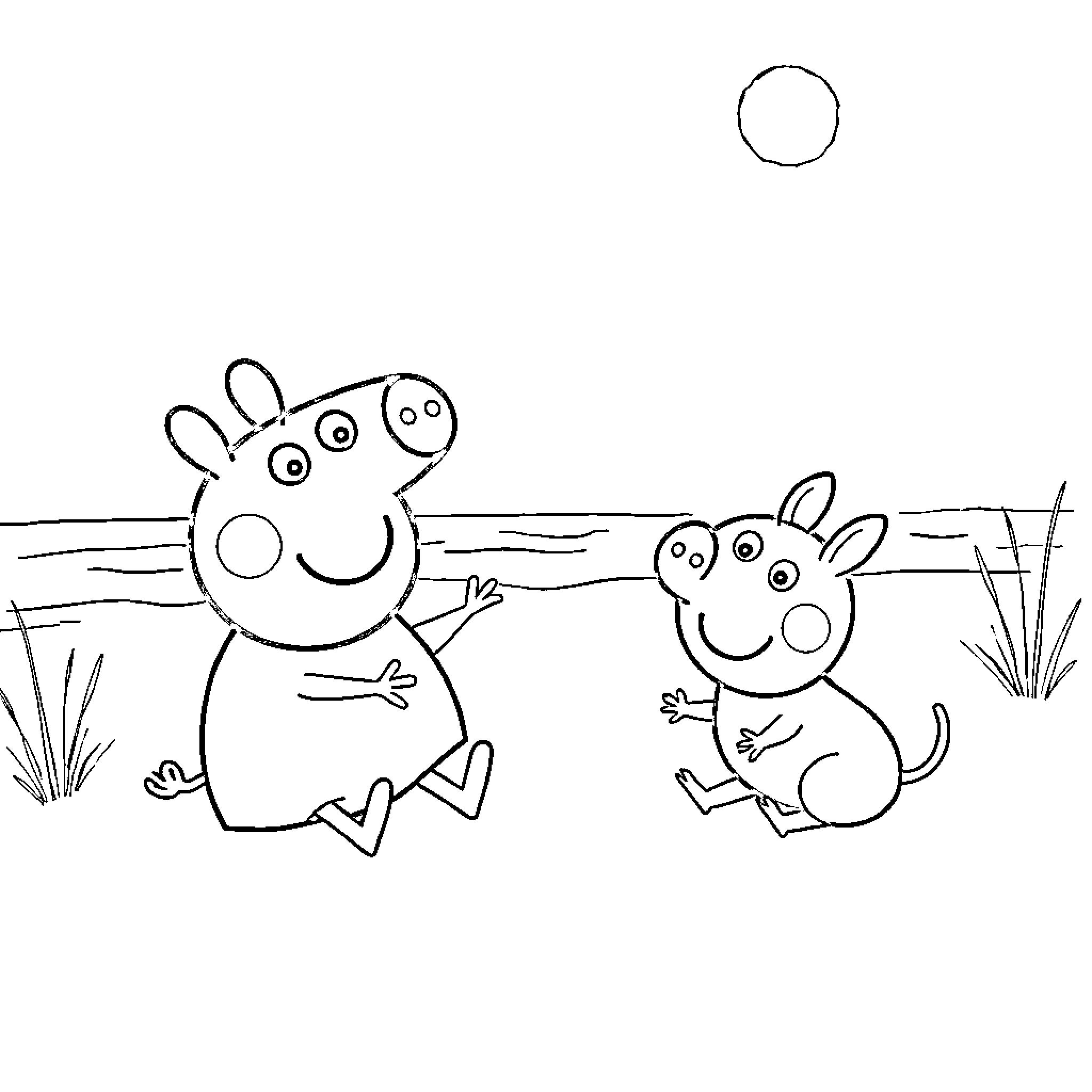 Peppa Pig and friend playing outdoors Coloring Page (free black-and-white line drawing printable PDF for all, from beginners to advanced learners, including children, teens, adults, and seniors)