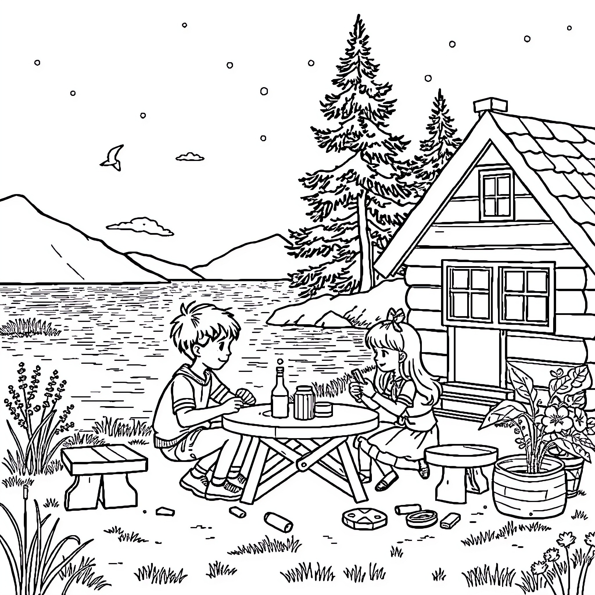 Child Picnicking Outdoors Near Cabin in the Woods Coloring Page (free black-and-white line drawing printable PDF for all, from beginners to advanced learners, including children, teens, adults, and seniors)
