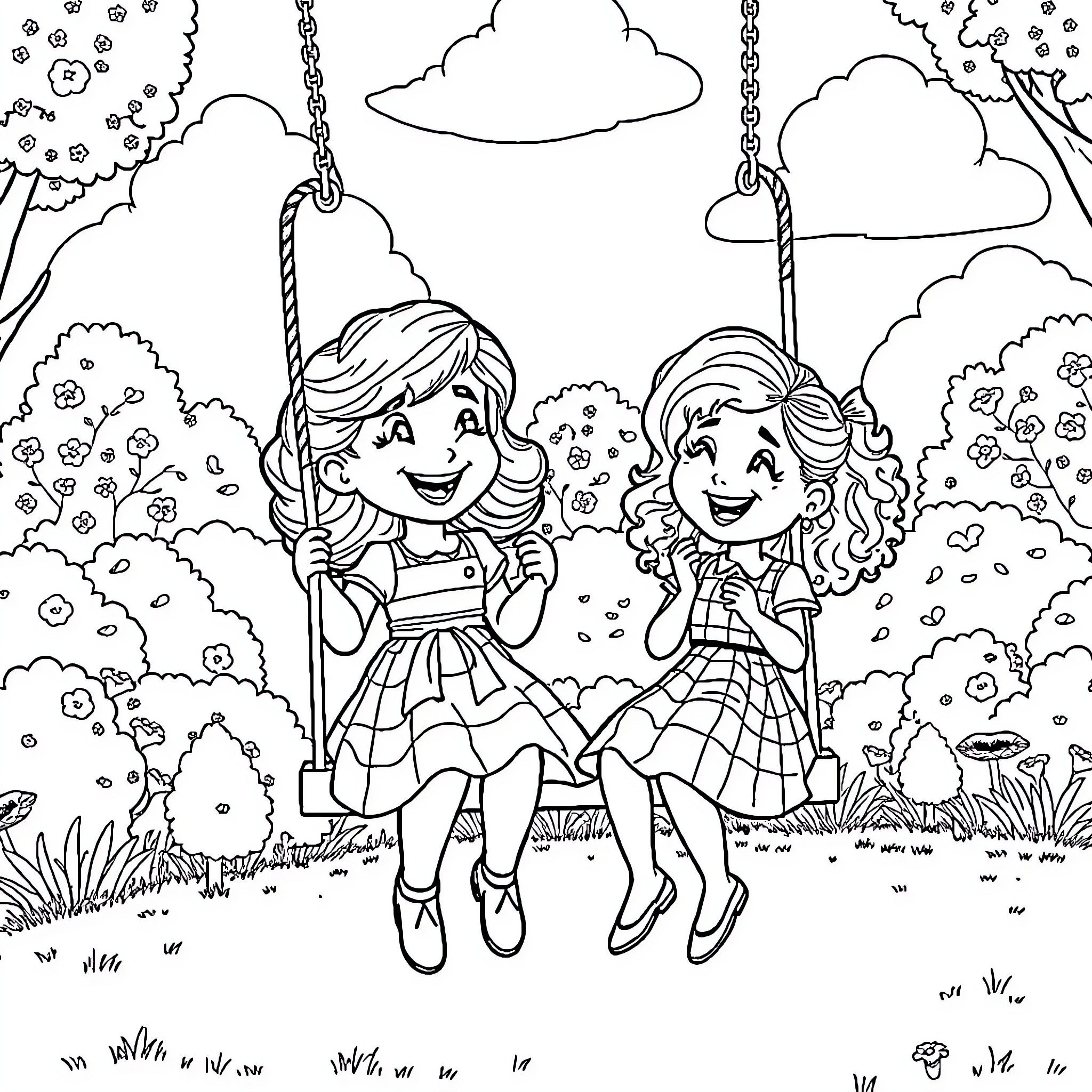 Gabby and her friend enjoying the playground swings Coloring Page (free black-and-white line drawing printable PDF for all, from beginners to advanced learners, including children, teens, adults, and seniors)