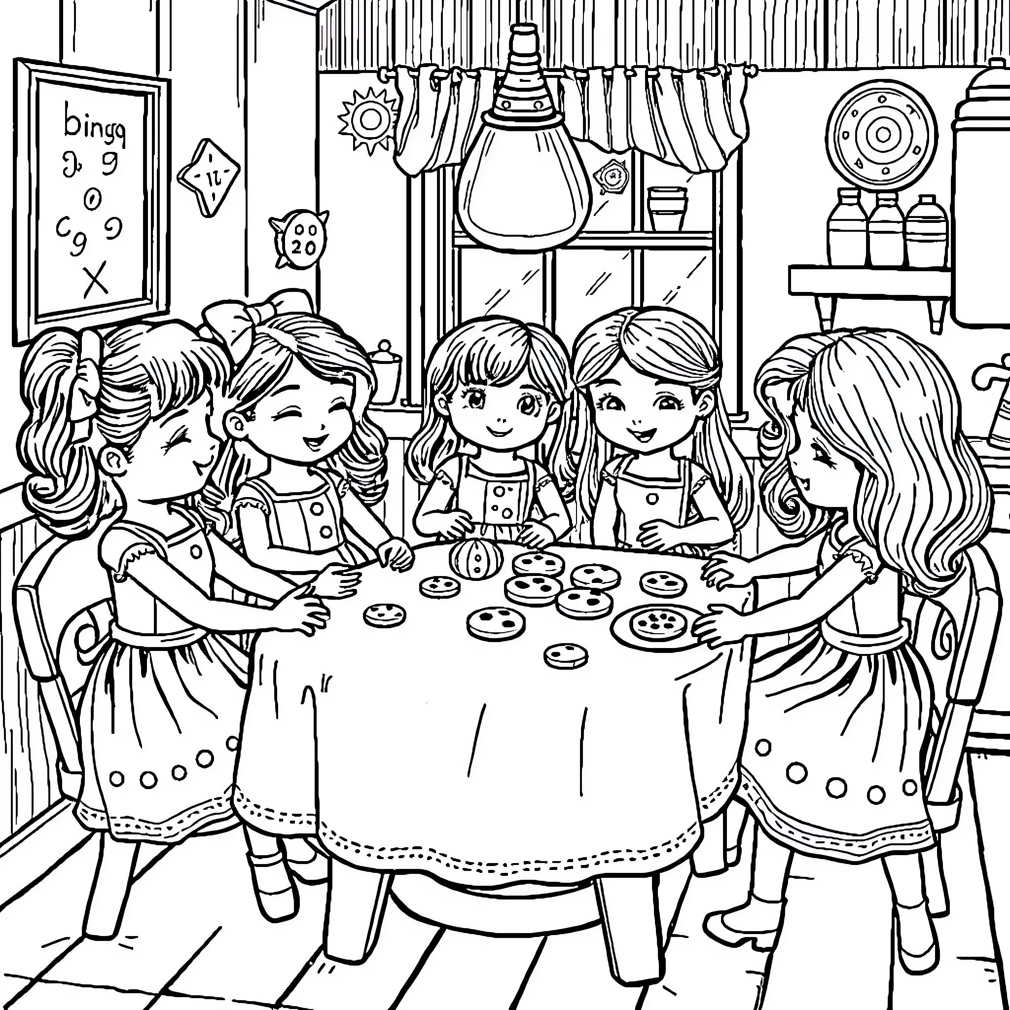 Doll friends having a tea party together Coloring Page (free black-and-white line drawing printable PDF for all, from beginners to advanced learners, including children, teens, adults, and seniors)