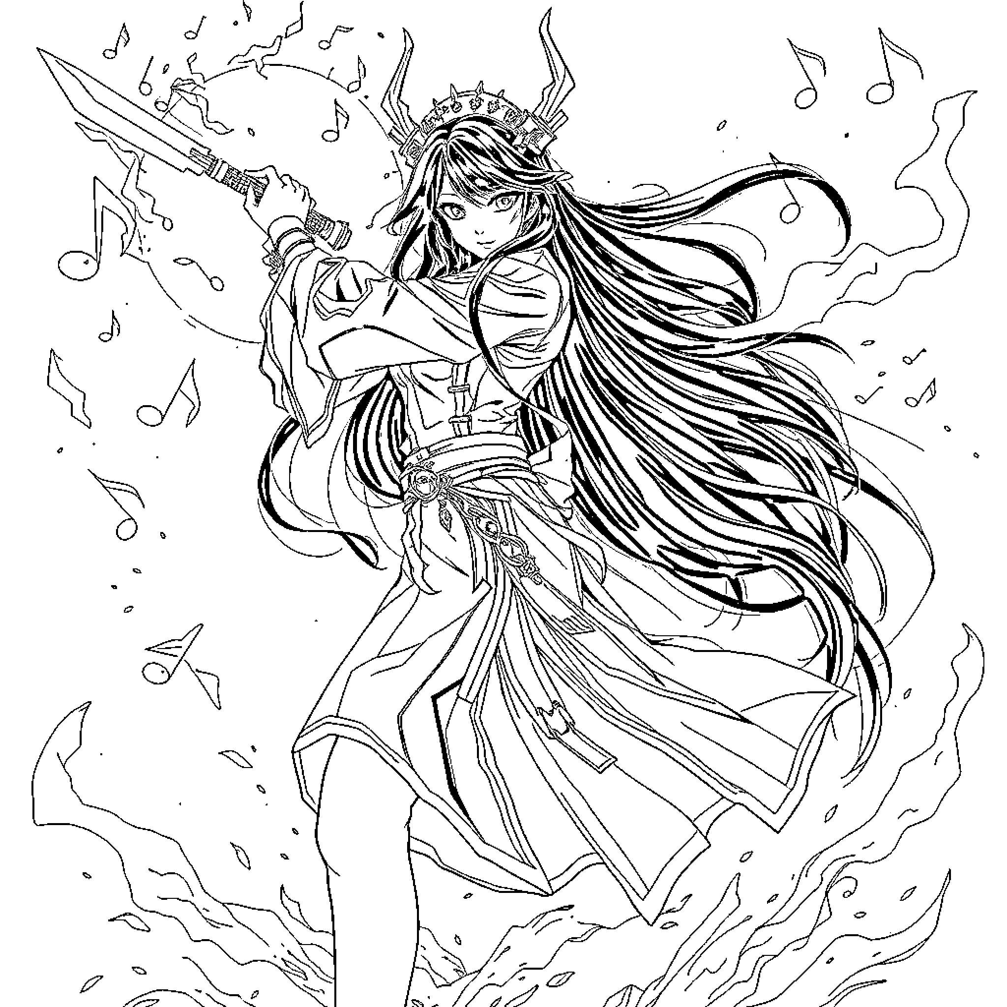 Rumi, the Valiant Warrior Princess in Battle Coloring Page (free black-and-white line drawing printable PDF for all, from beginners to advanced learners, including children, teens, adults, and seniors)