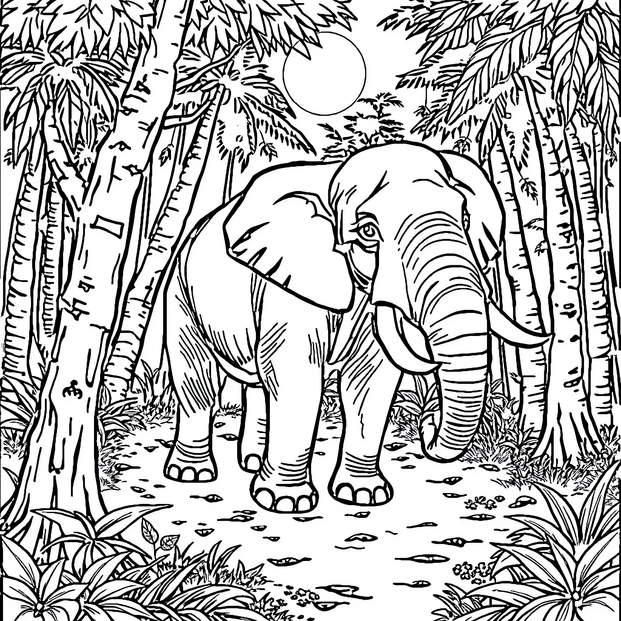 Elephant exploring lush jungle landscape Coloring Page (free black-and-white line drawing printable PDF for all, from beginners to advanced learners, including children, teens, adults, and seniors)