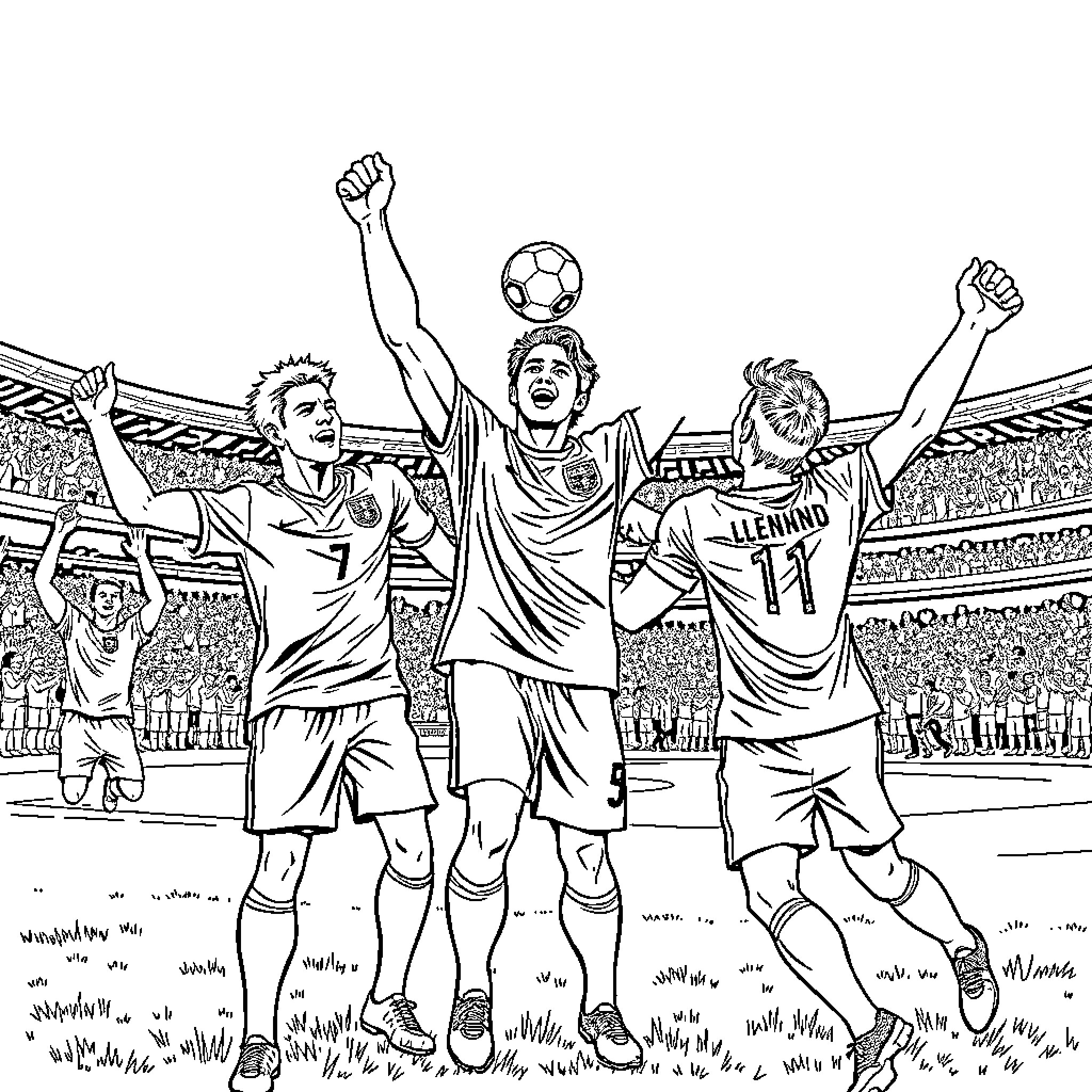 Football players celebrating victory on the field Coloring Page (free black-and-white line drawing printable PDF for all, from beginners to advanced learners, including children, teens, adults, and seniors)