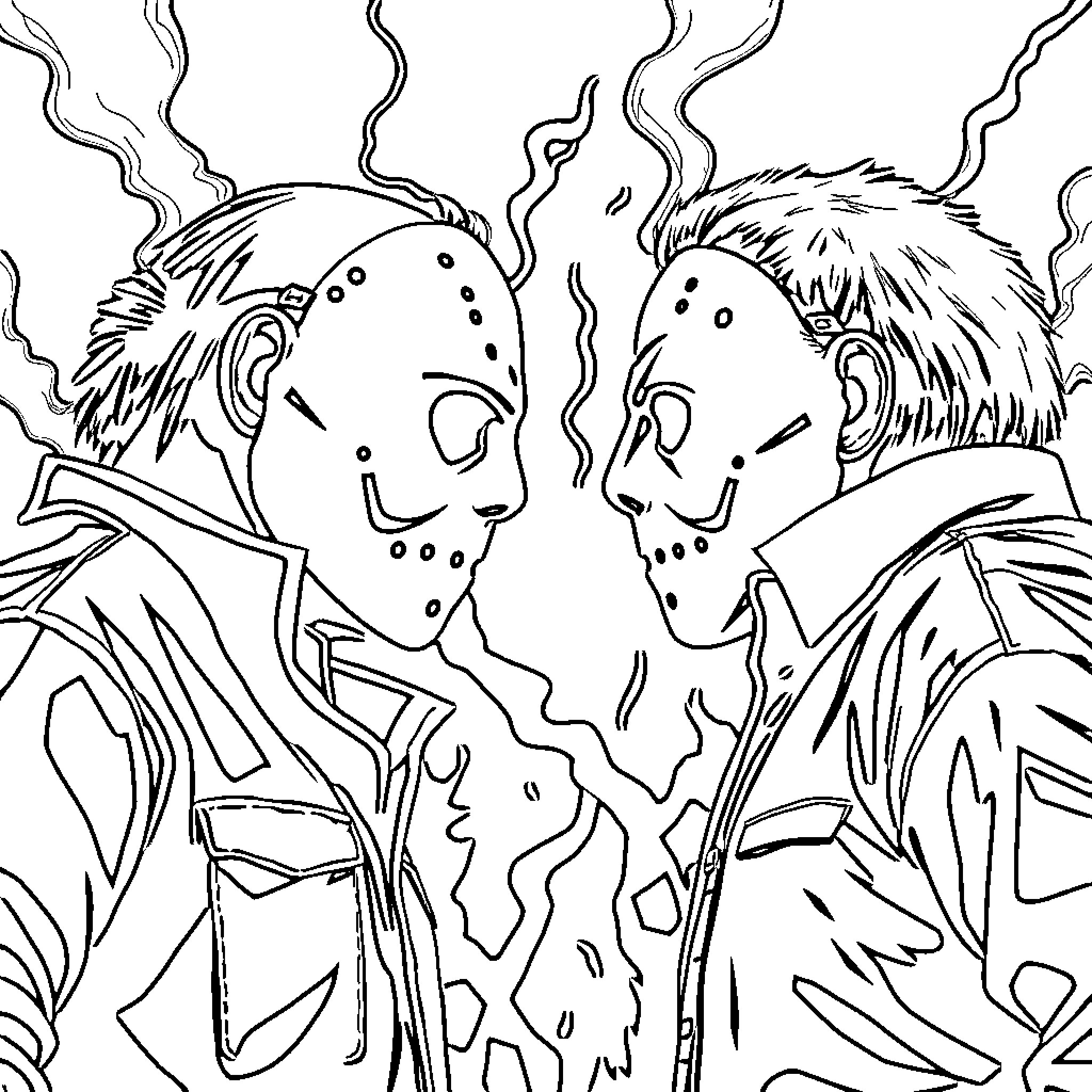 Jason and His Spooky Companion Coloring Page (free black-and-white line drawing printable PDF for all, from beginners to advanced learners, including children, teens, adults, and seniors)