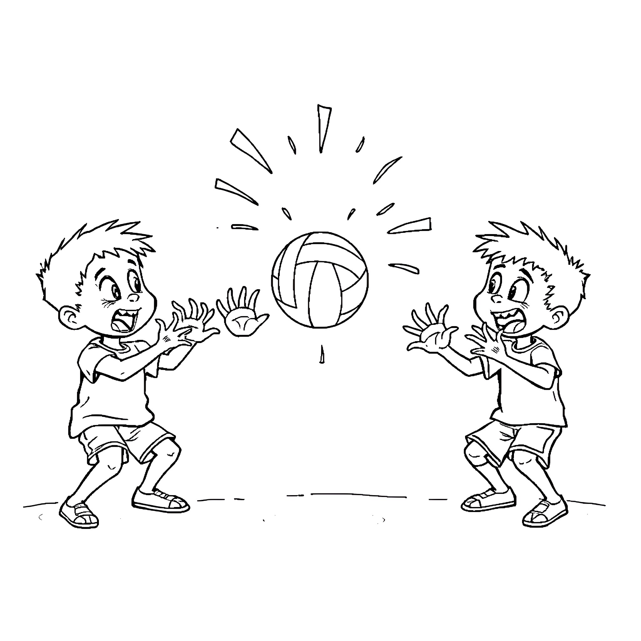 Kid playing volleyball with friends Coloring Page (free black-and-white line drawing printable PDF for all, from beginners to advanced learners, including children, teens, adults, and seniors)