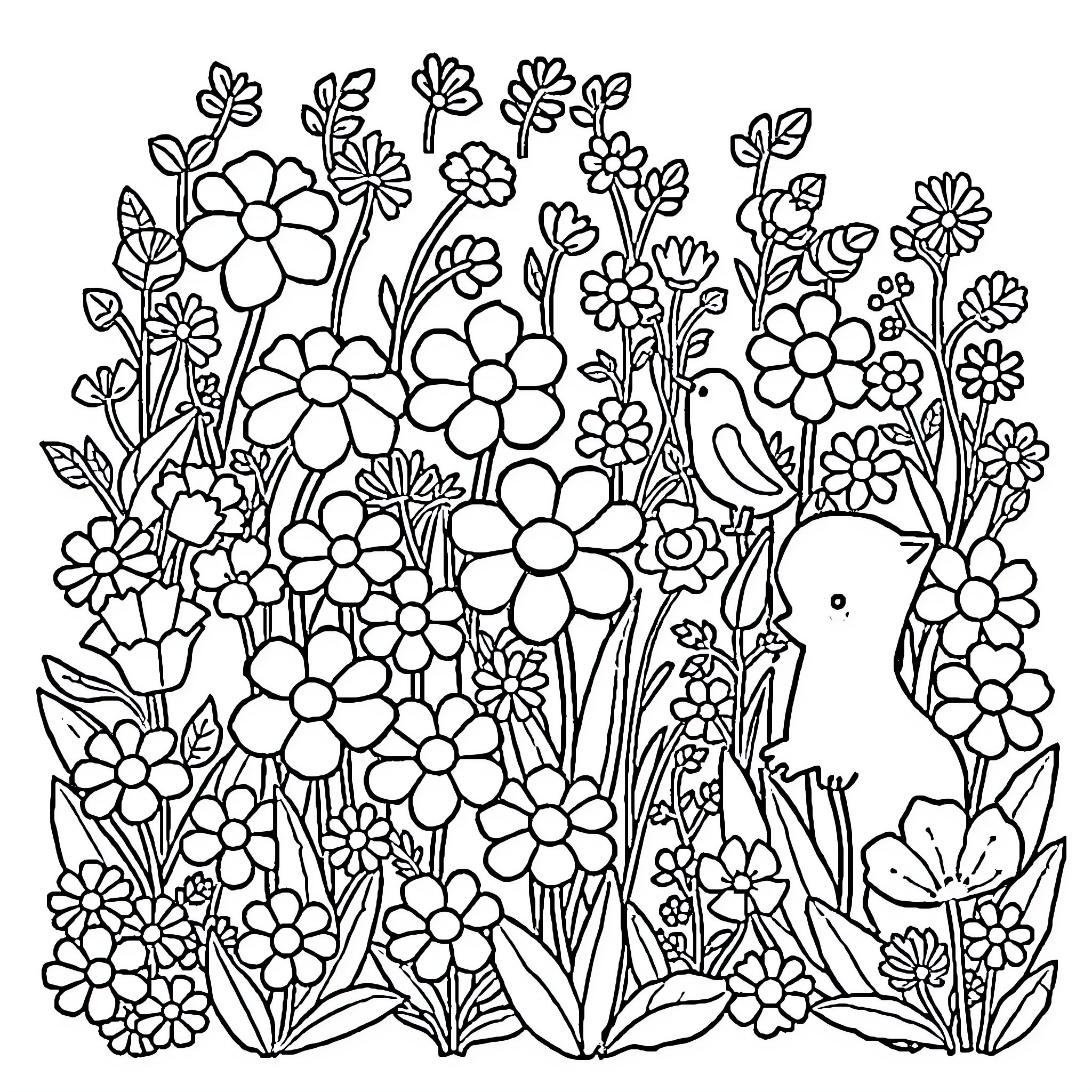 Flower and Animal Garden Scene Coloring Page (free black-and-white line drawing printable PDF for all, from beginners to advanced learners, including children, teens, adults, and seniors)