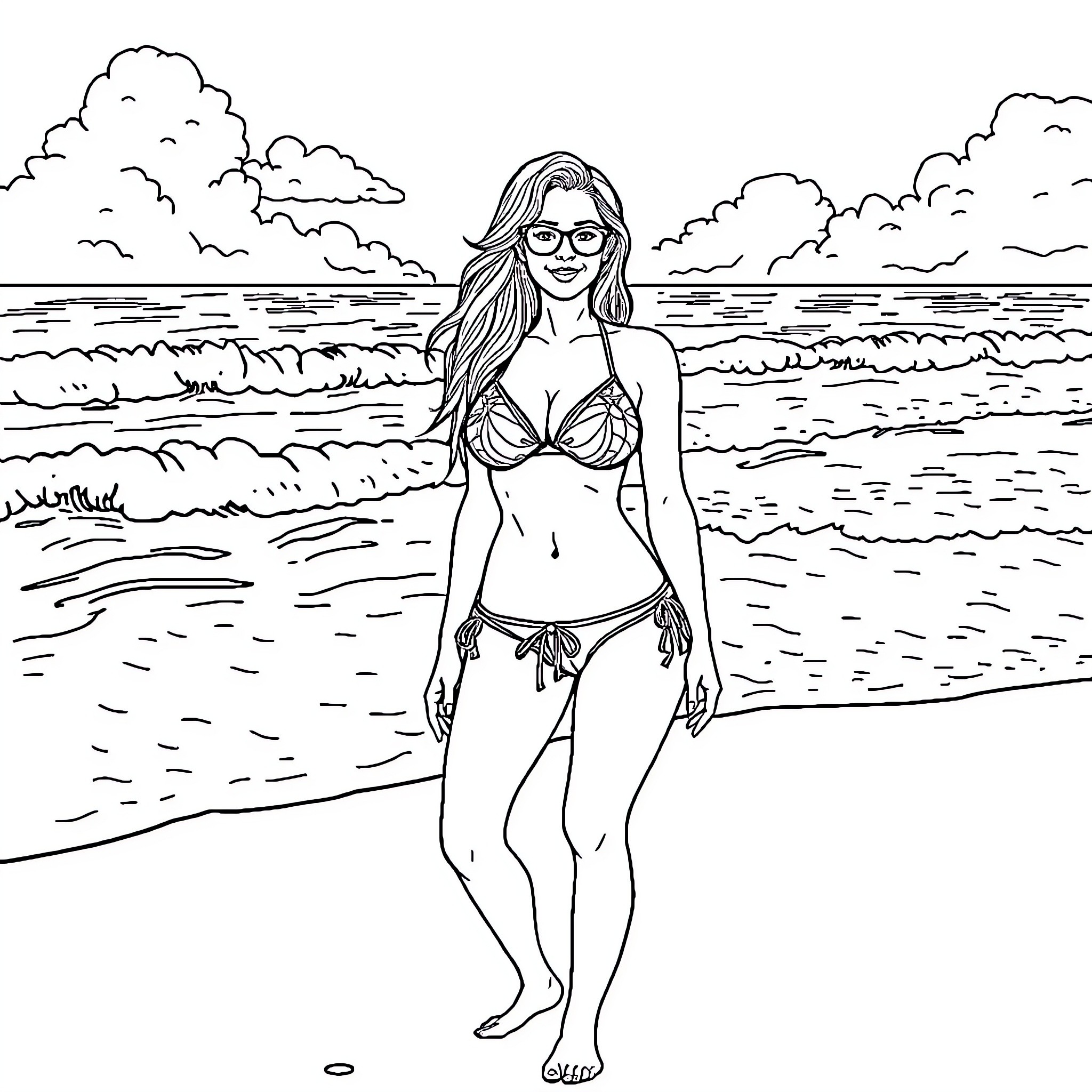 Woman enjoying the beach scenery in swimwear Coloring Page (free black-and-white line drawing printable PDF for all, from beginners to advanced learners, including children, teens, adults, and seniors)