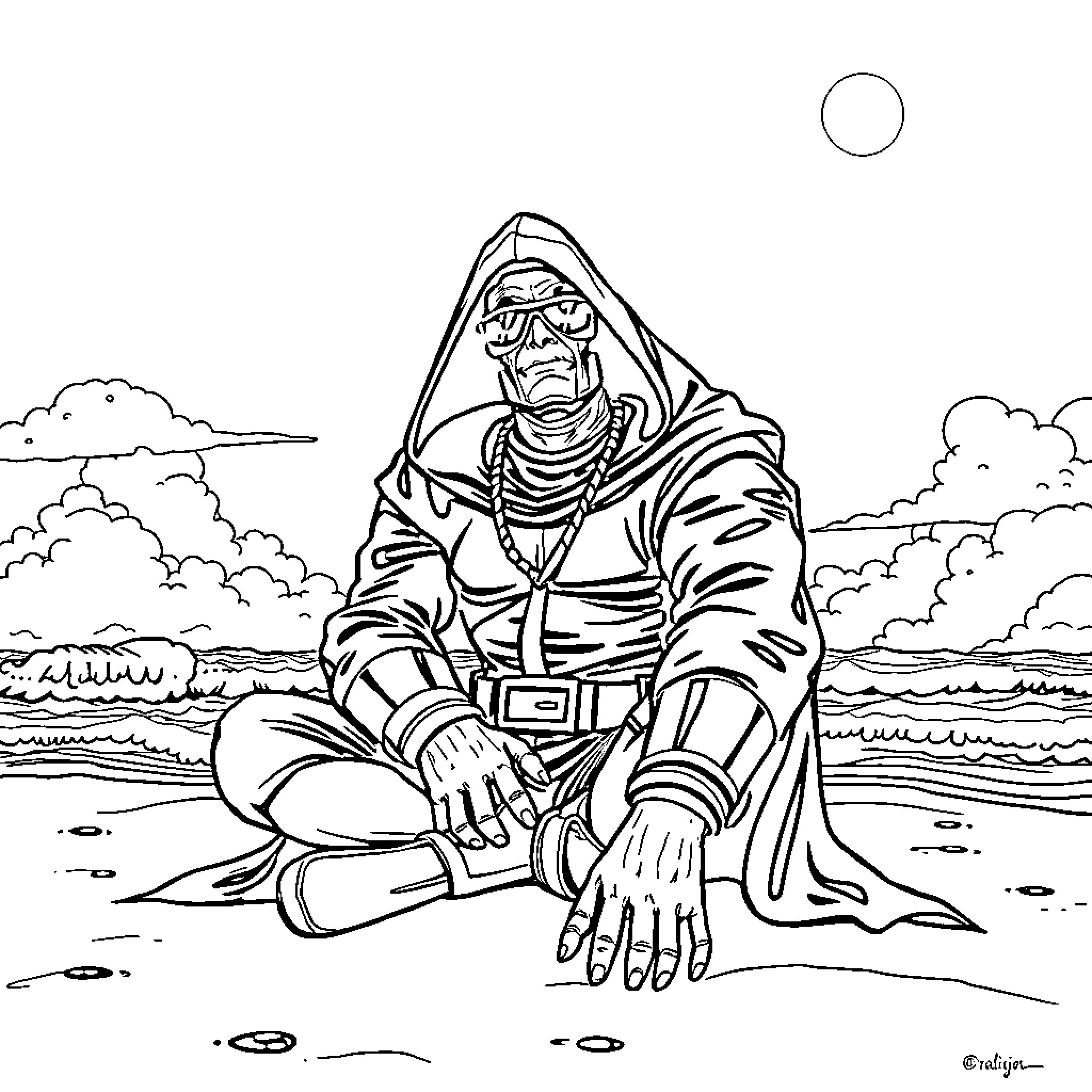 Dr. Doom brooding in solitude on a desolate landscape Coloring Page (free black-and-white line drawing printable PDF for all, from beginners to advanced learners, including children, teens, adults, and seniors)