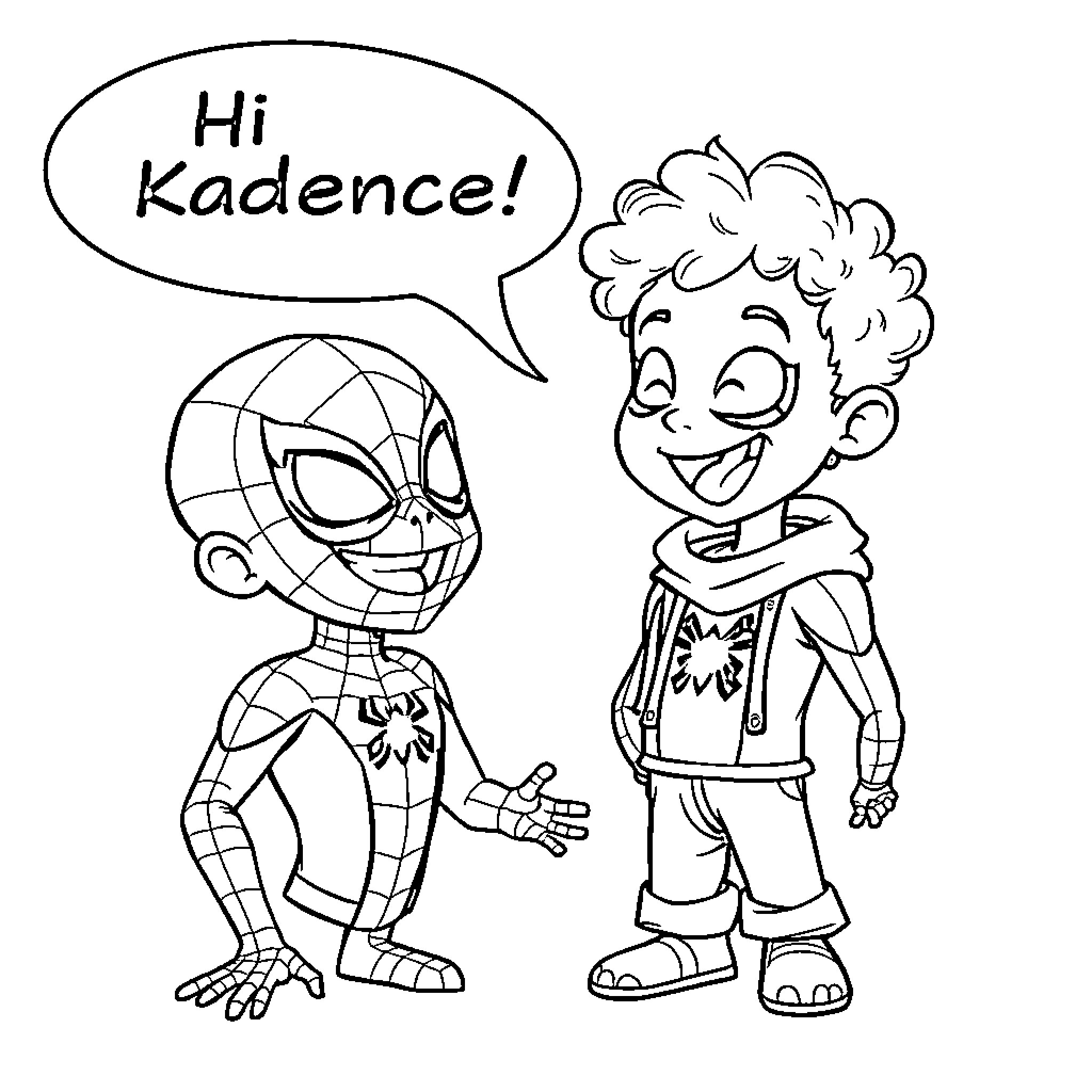 Spider-Man greeting a friendly kid Coloring Page (free black-and-white line drawing printable PDF for all, from beginners to advanced learners, including children, teens, adults, and seniors)