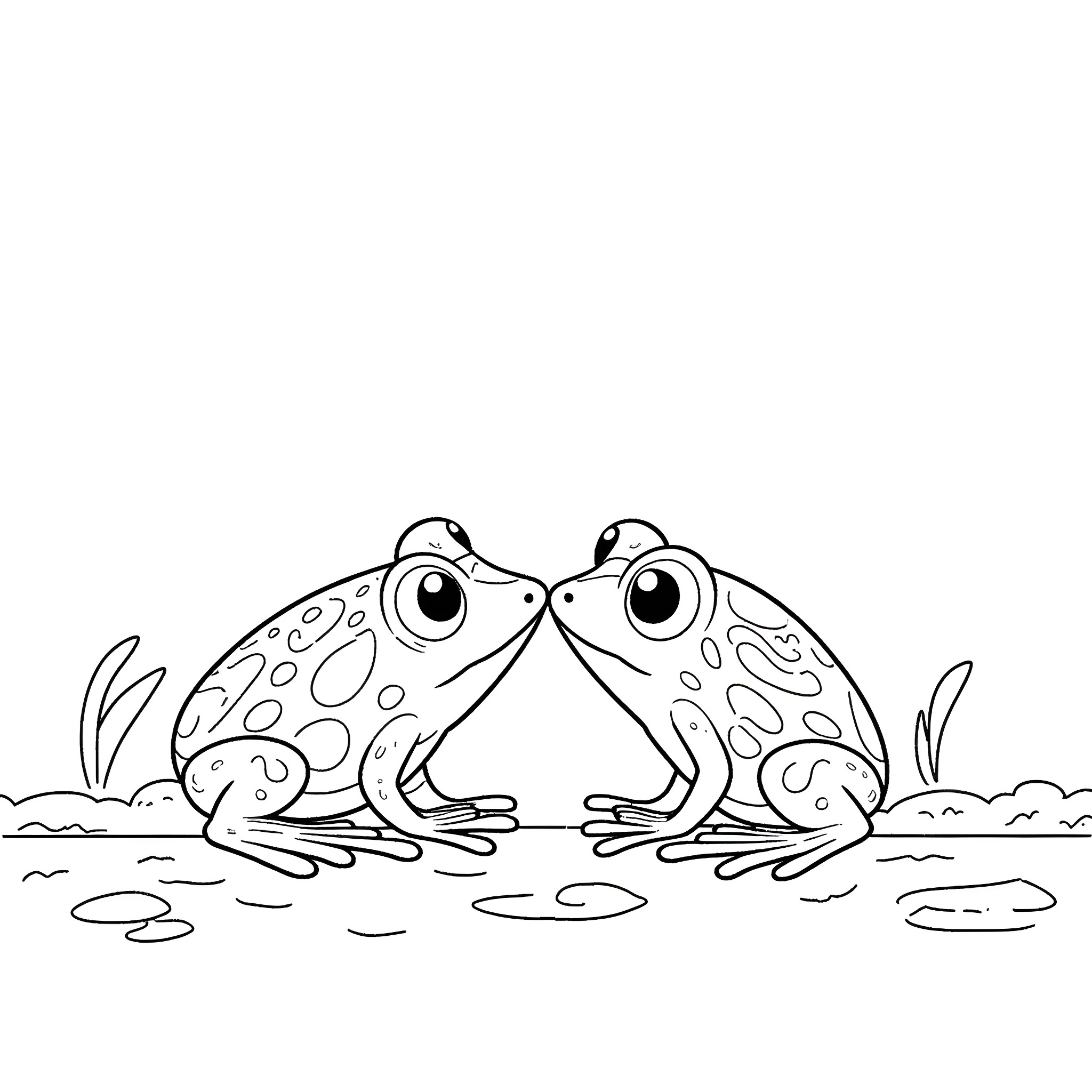 Frogs sitting together in the pond Coloring Page (free black-and-white line drawing printable PDF for all, from beginners to advanced learners, including children, teens, adults, and seniors)