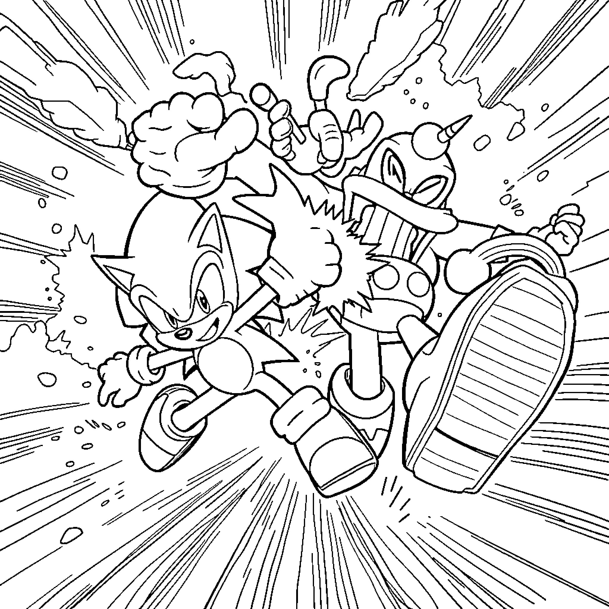 Sonic in high-speed action with explosions Coloring Page (free black-and-white line drawing printable PDF for all, from beginners to advanced learners, including children, teens, adults, and seniors)