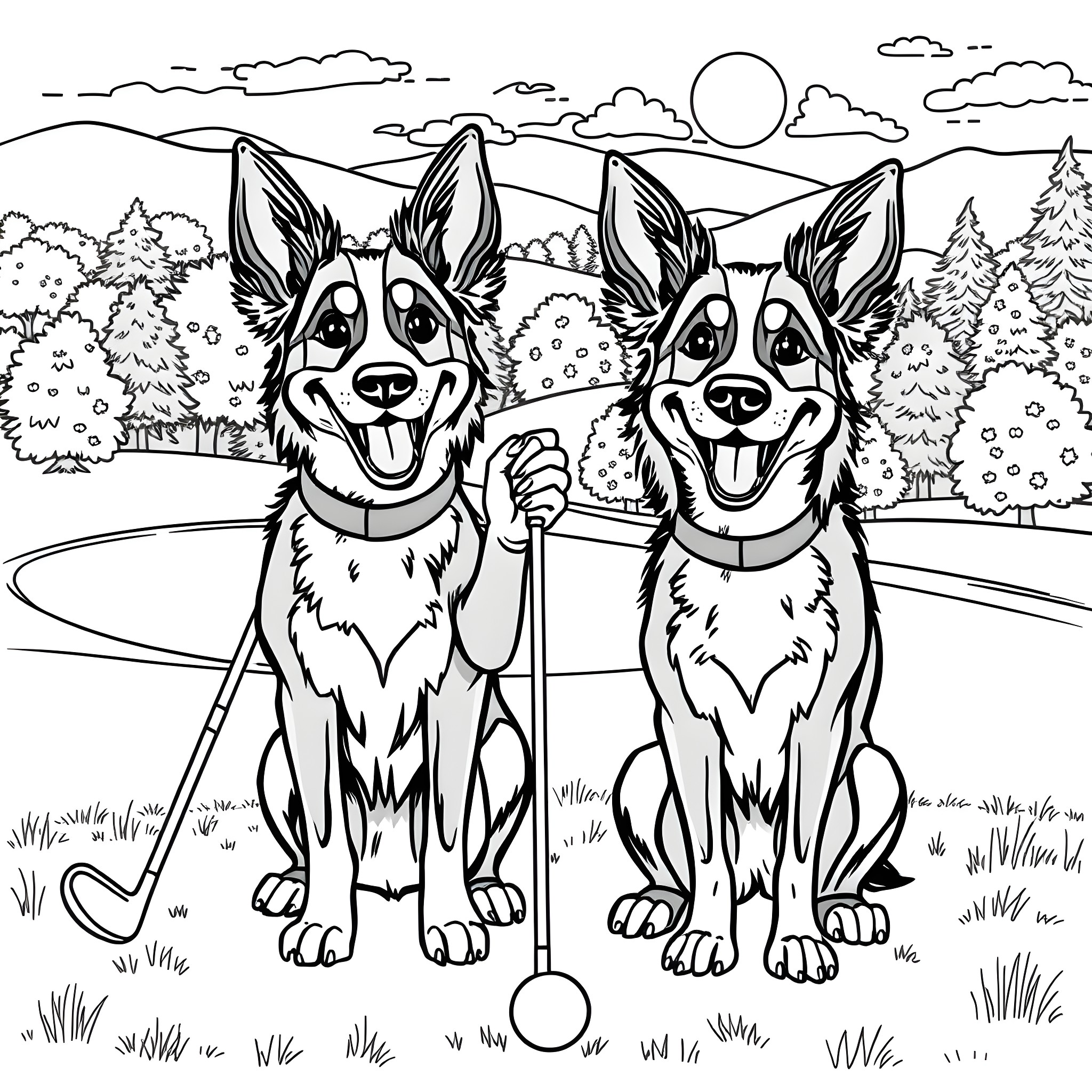 Heeler Dogs Playing Golf in the Park Coloring Page (free black-and-white line drawing printable PDF for all, from beginners to advanced learners, including children, teens, adults, and seniors)