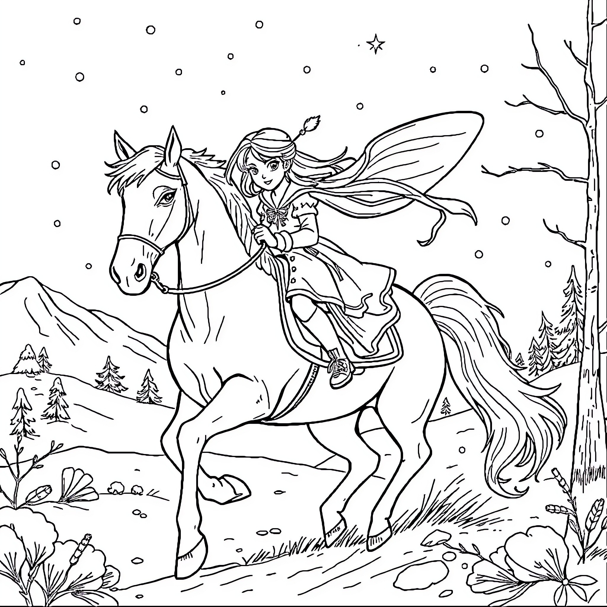 Frozen Winter Wonderland Fairy Riding a Horse Coloring Page (free black-and-white line drawing printable PDF for all, from beginners to advanced learners, including children, teens, adults, and seniors)