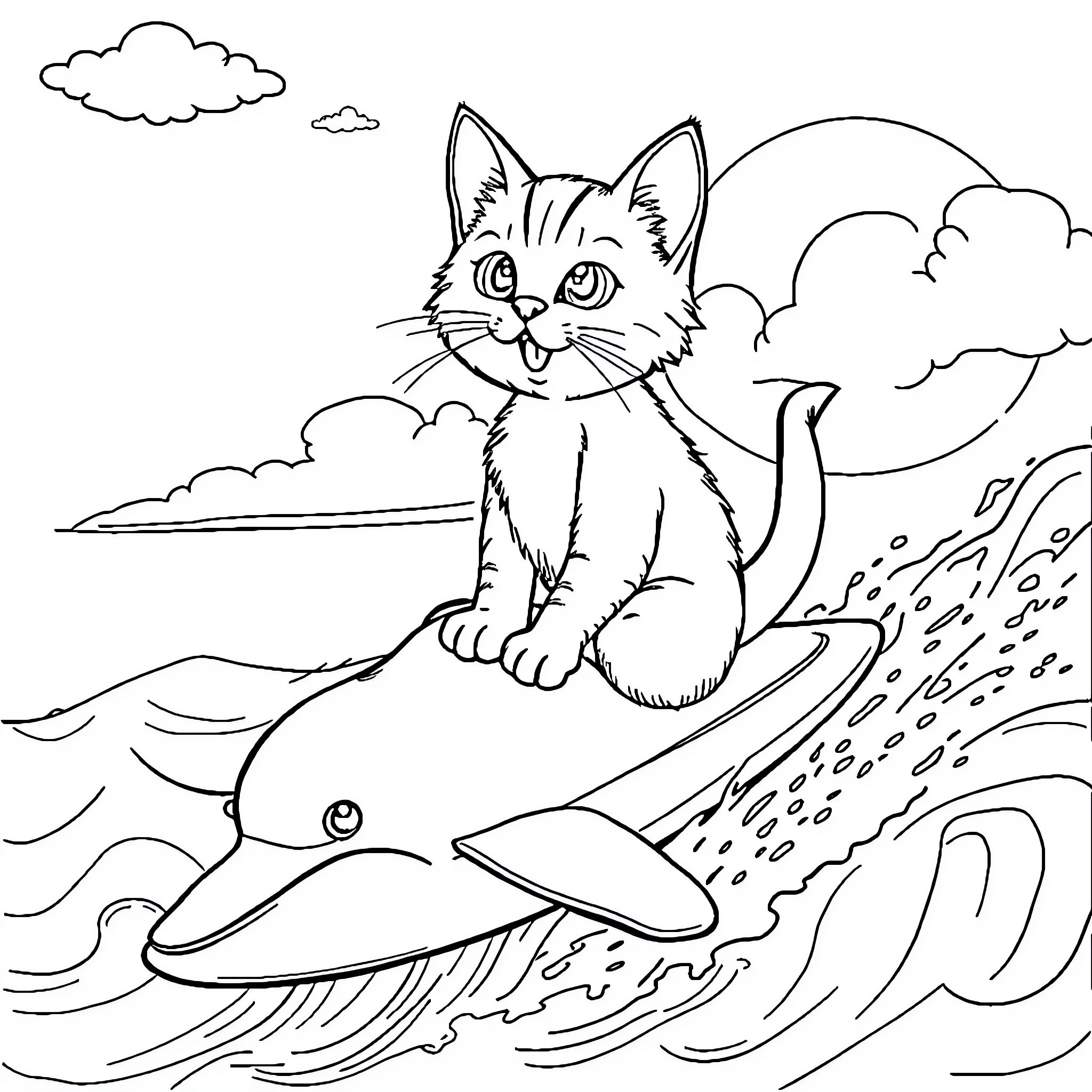 Cat riding a dolphin in the ocean Coloring Page (free black-and-white line drawing printable PDF for all, from beginners to advanced learners, including children, teens, adults, and seniors)