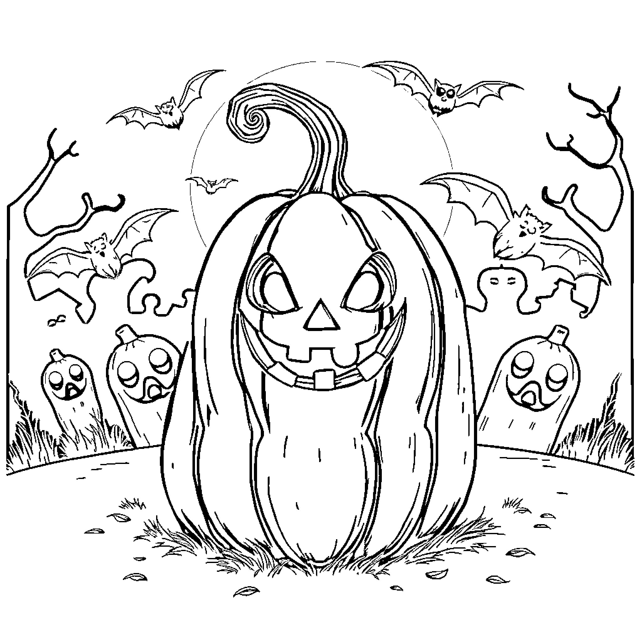 Pumpkin with ghostly bat shadows in spooky night scene Coloring Page (free black-and-white line drawing printable PDF for all, from beginners to advanced learners, including children, teens, adults, and seniors)