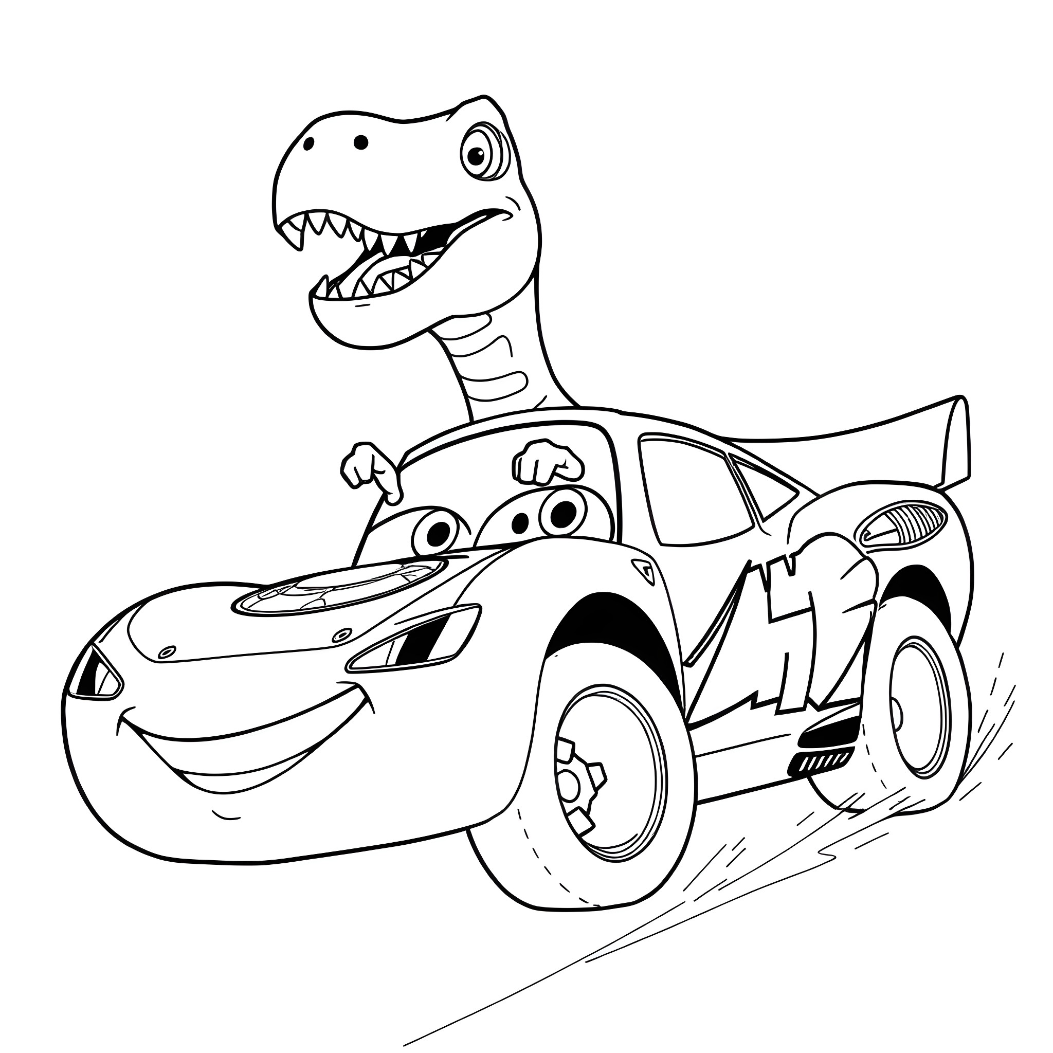 Dinosaur racing in a car Coloring Page (free black-and-white line drawing printable PDF for all, from beginners to advanced learners, including children, teens, adults, and seniors)