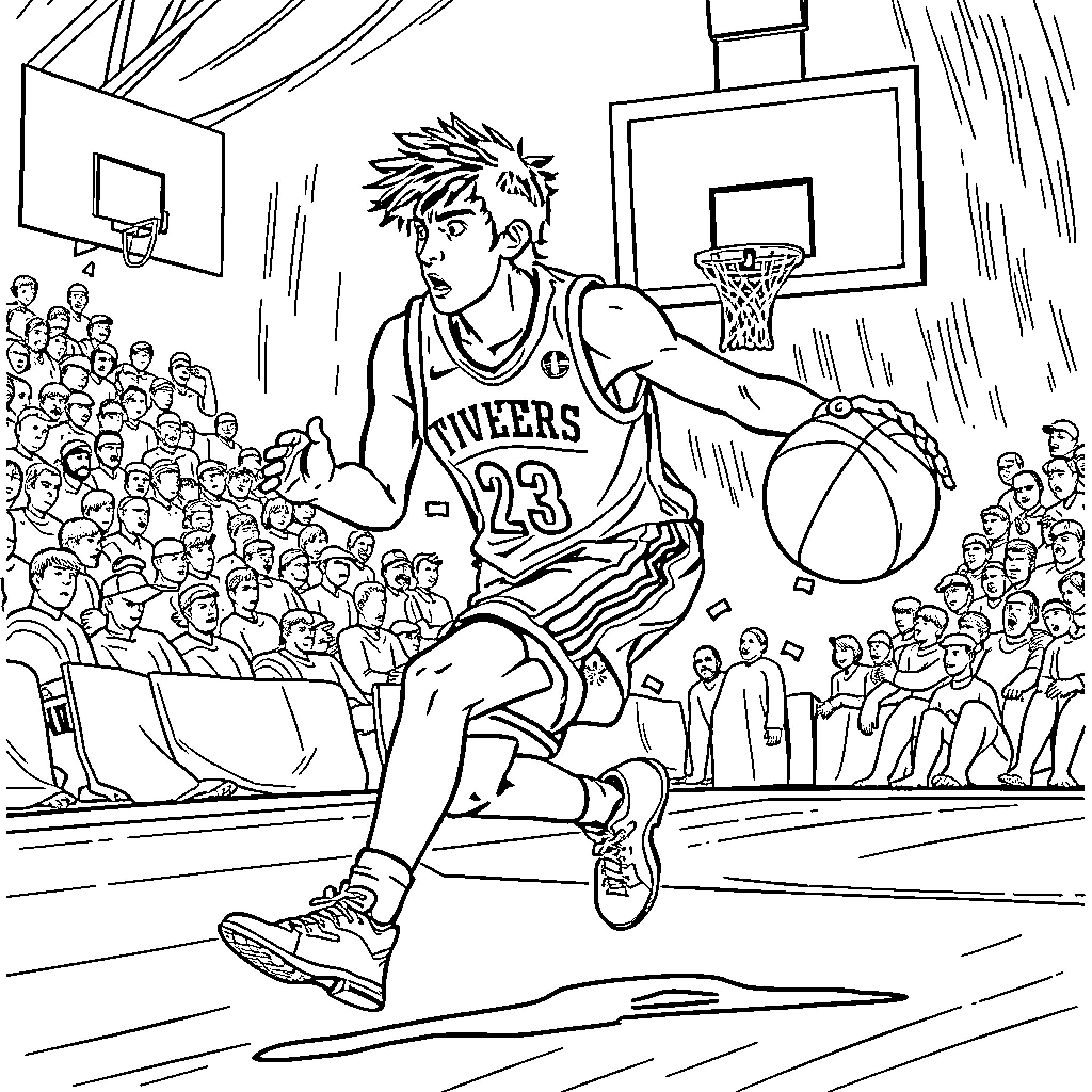 Eren Yeager's Basketball Game Heroics Coloring Page (free black-and-white line drawing printable PDF for all, from beginners to advanced learners, including children, teens, adults, and seniors)