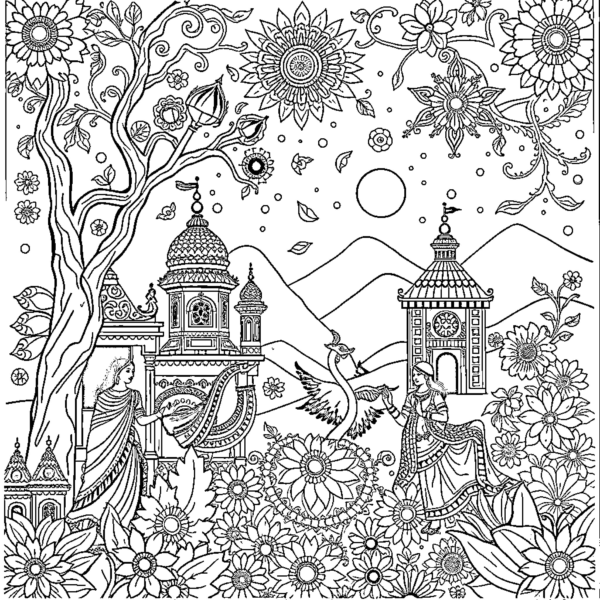 Patachitra depicting intricate floral patterns and mythological figures Coloring Page (free black-and-white line drawing printable PDF for all, from beginners to advanced learners, including children, teens, adults, and seniors)