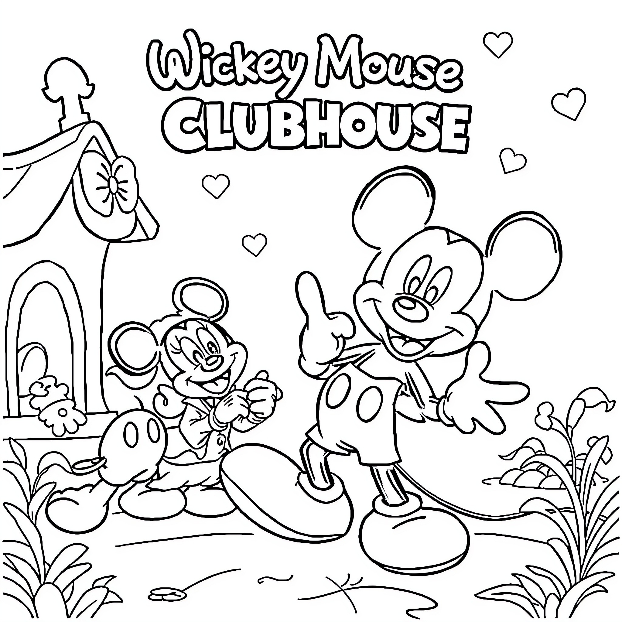 Mickey Mouse enjoying adventures at Clubhouse Coloring Page (free black-and-white line drawing printable PDF for all, from beginners to advanced learners, including children, teens, adults, and seniors)