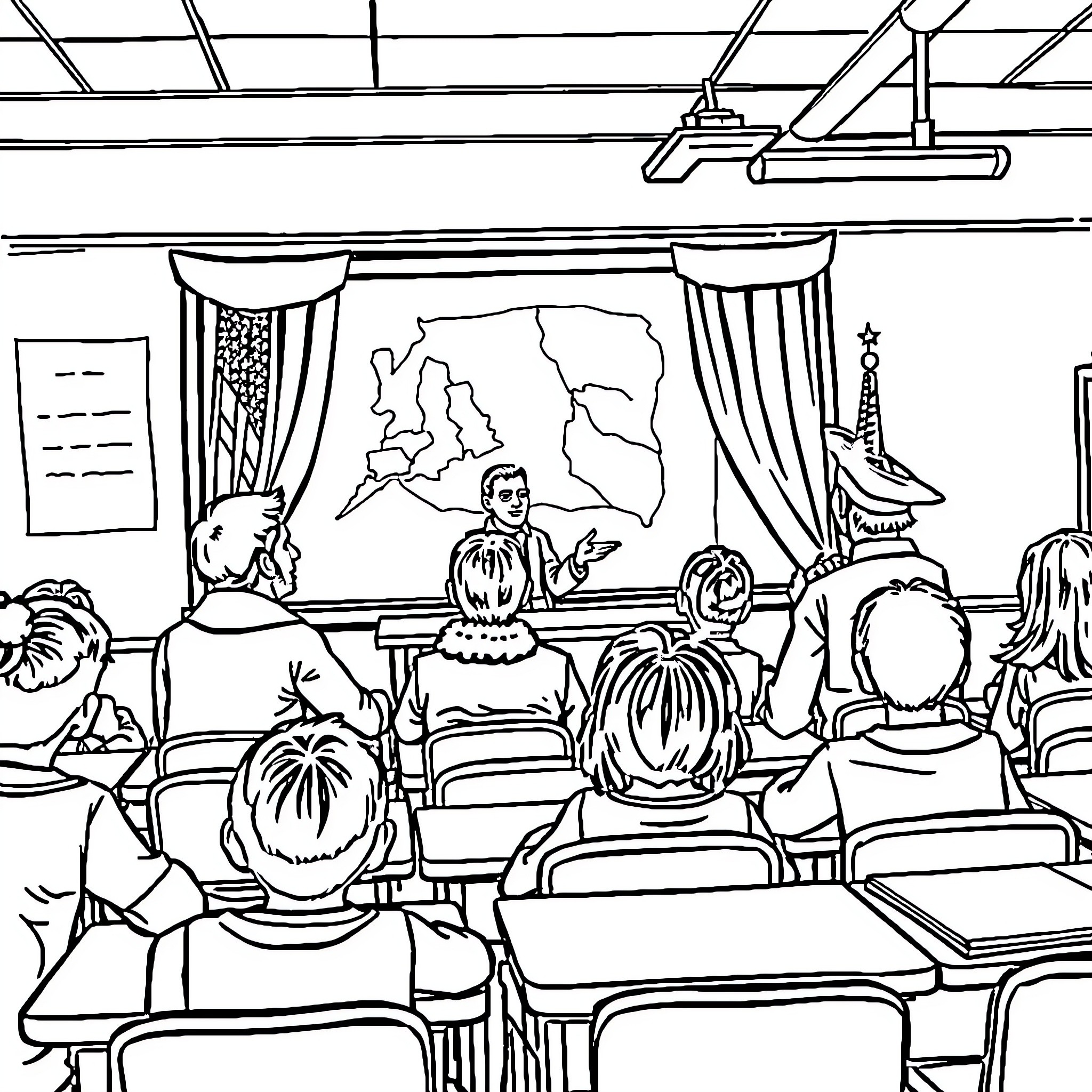 Student in classroom listening attentively to lecture Coloring Page (free black-and-white line drawing printable PDF for all, from beginners to advanced learners, including children, teens, adults, and seniors)
