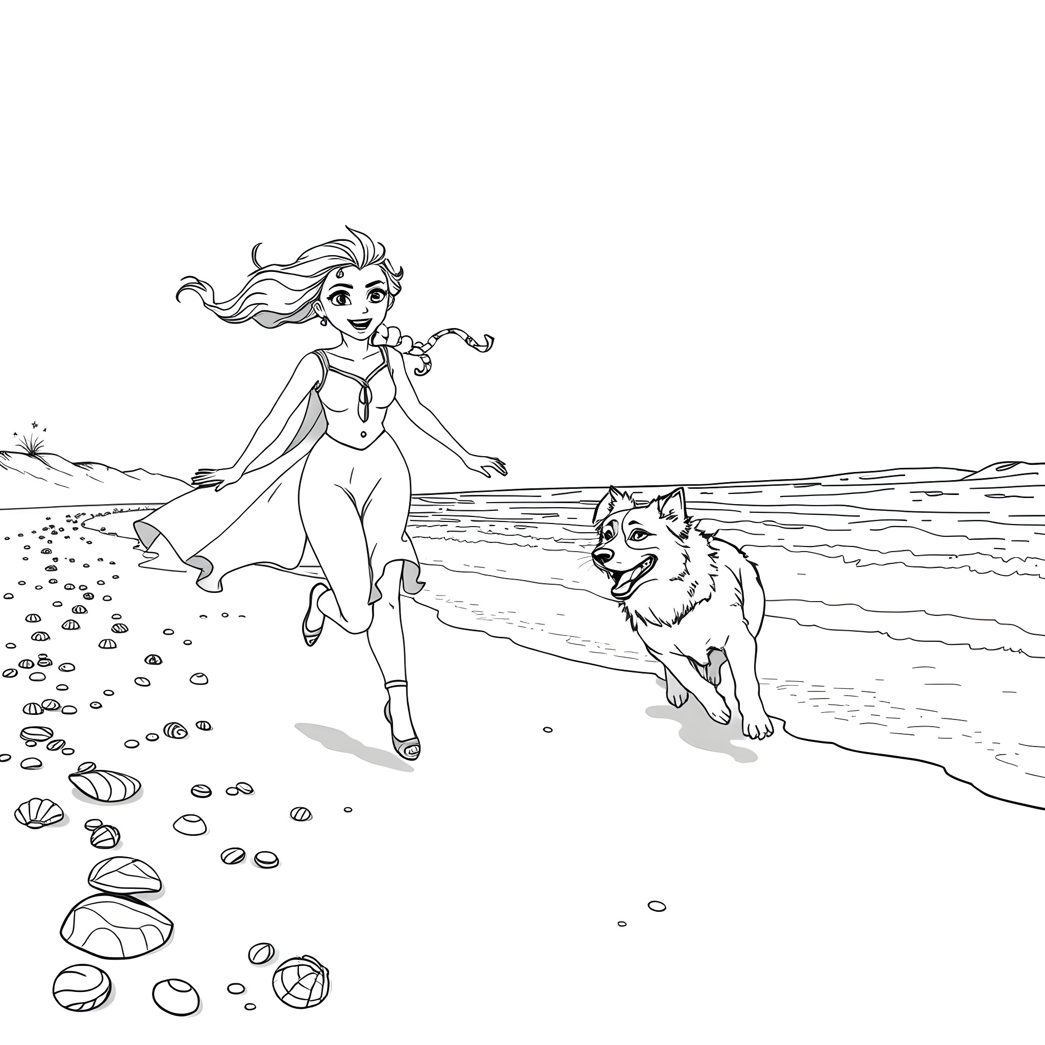 Elsa playing joyfully with her loyal companion on the beach Coloring Page (free black-and-white line drawing printable PDF for all, from beginners to advanced learners, including children, teens, adults, and seniors)