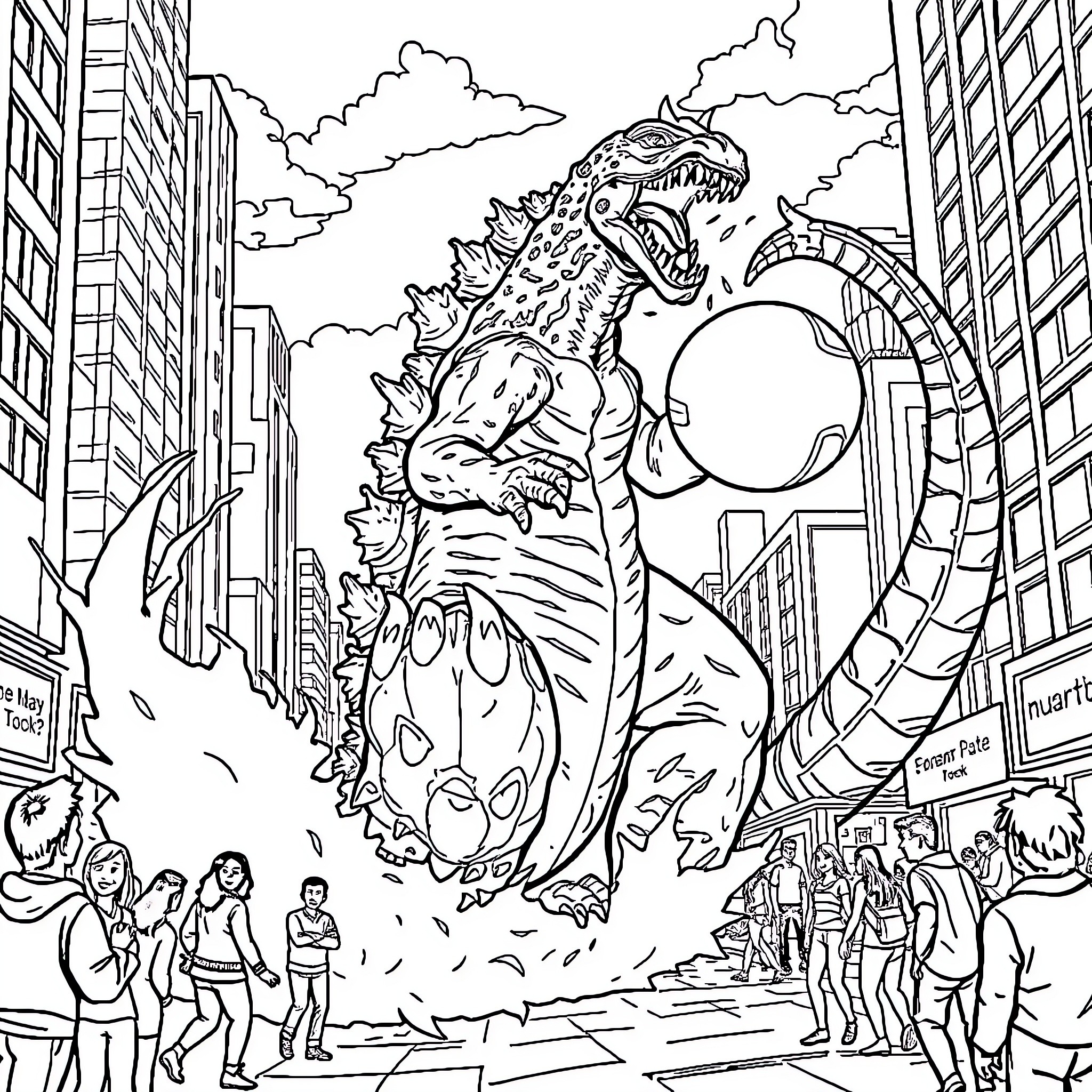 Godzilla Wreaking Havoc in the City Coloring Page (free black-and-white line drawing printable PDF for all, from beginners to advanced learners, including children, teens, adults, and seniors)