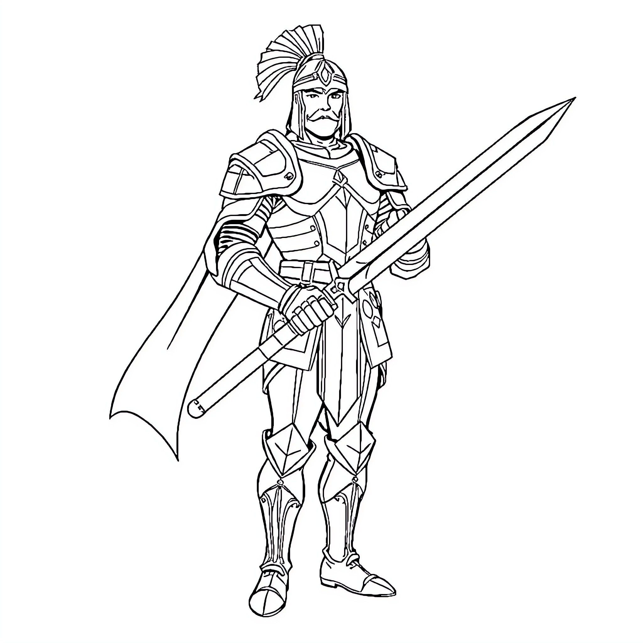Warrior in Armored Attire Wielding Spear Coloring Page (free black-and-white line drawing printable PDF for all, from beginners to advanced learners, including children, teens, adults, and seniors)