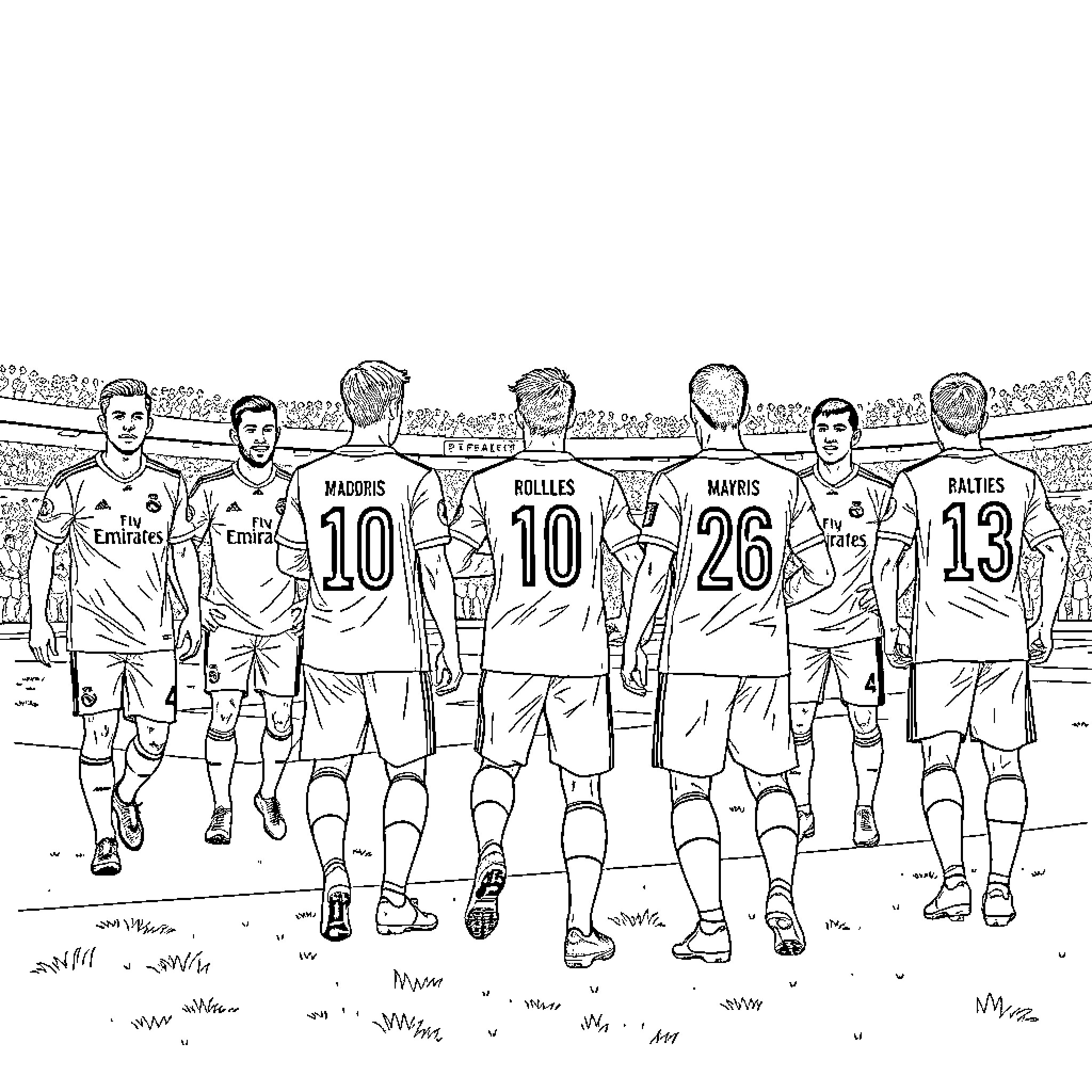Real Madrid players in uniform on the field Coloring Page (free black-and-white line drawing printable PDF for all, from beginners to advanced learners, including children, teens, adults, and seniors)