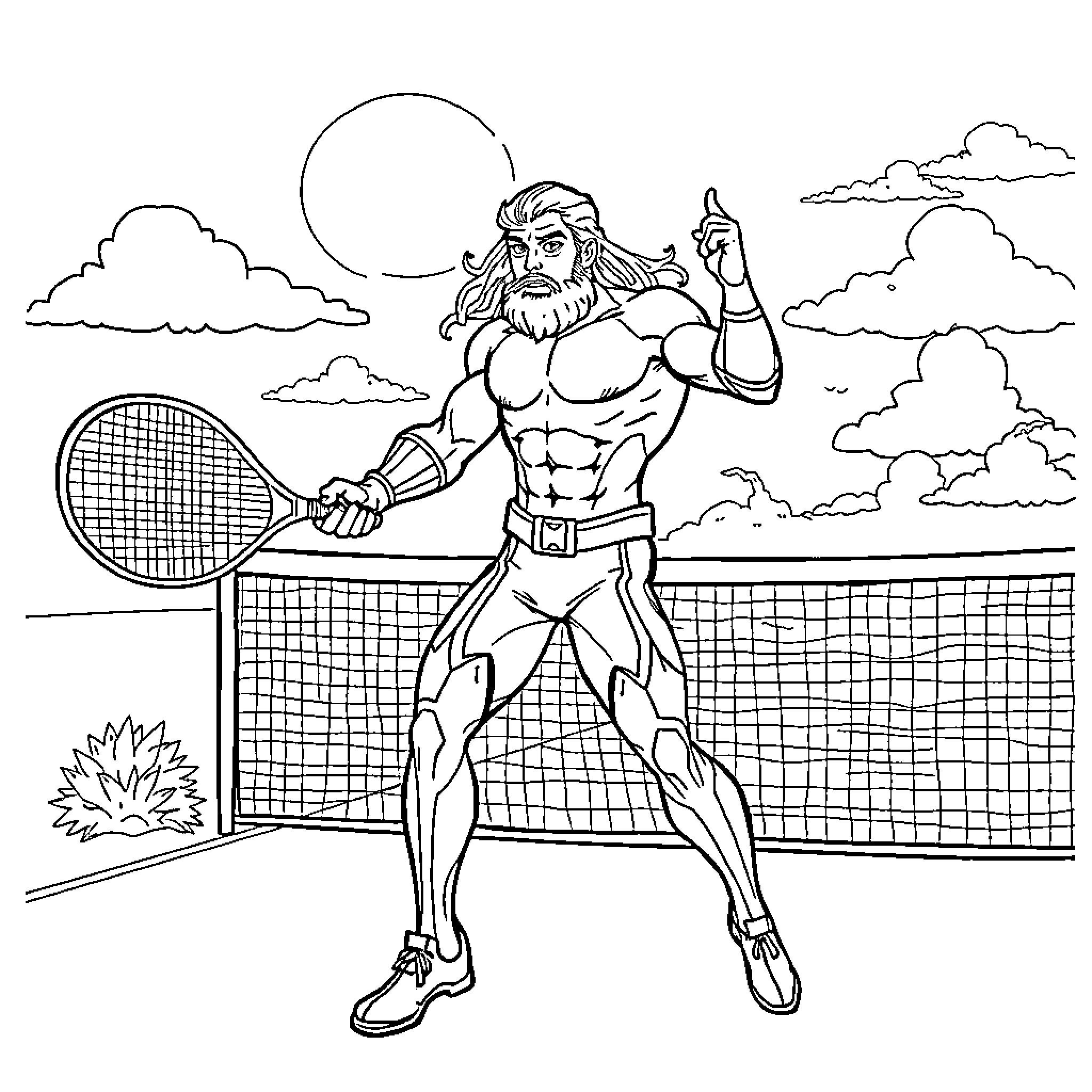 Aqua Man playing tennis on a court Coloring Page (free black-and-white line drawing printable PDF for all, from beginners to advanced learners, including children, teens, adults, and seniors)