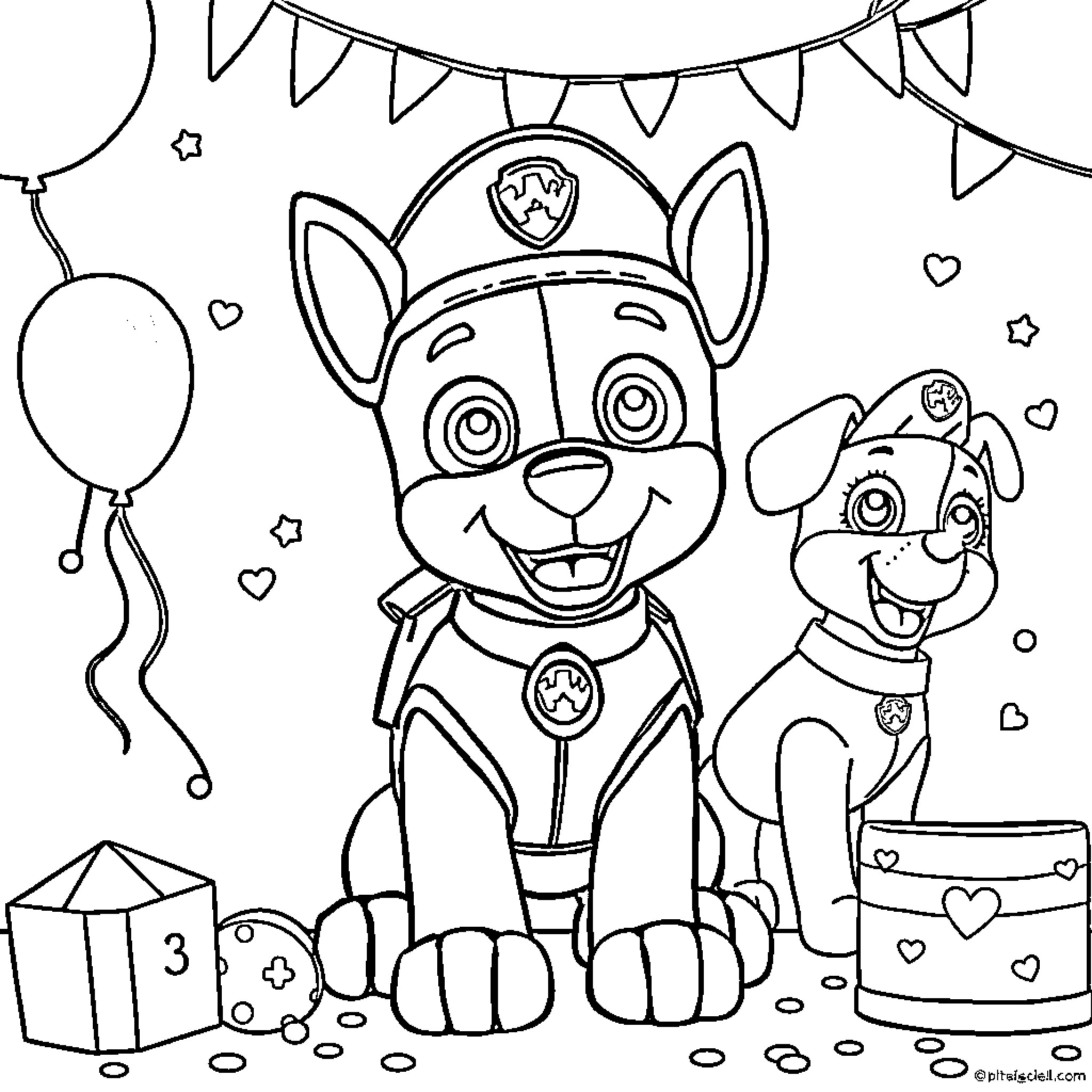 Paw Patrol characters in a celebratory scene Coloring Page (free black-and-white line drawing printable PDF for all, from beginners to advanced learners, including children, teens, adults, and seniors)