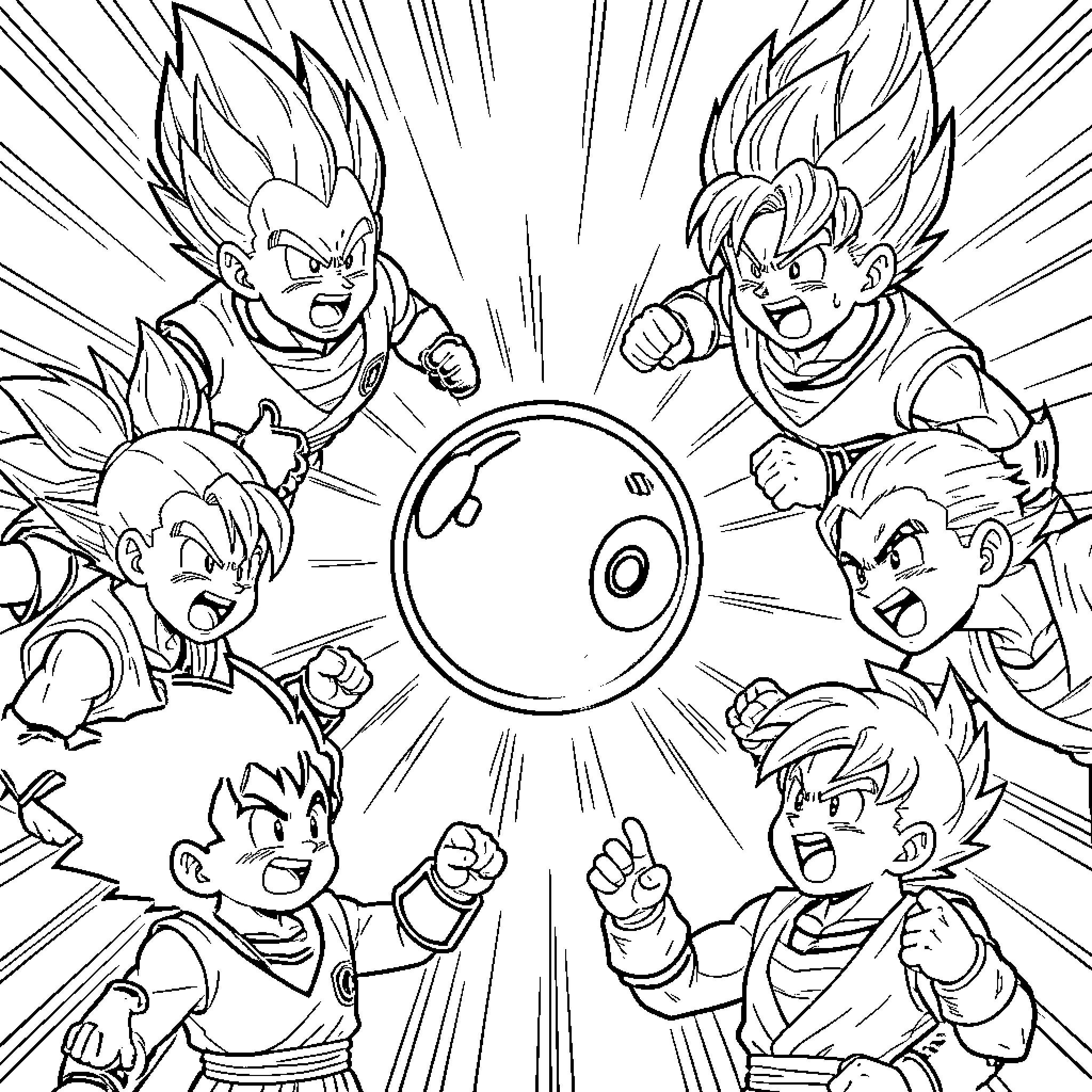 Dragon characters gathering around a glowing mystical sphere Coloring Page (free black-and-white line drawing printable PDF for all, from beginners to advanced learners, including children, teens, adults, and seniors)