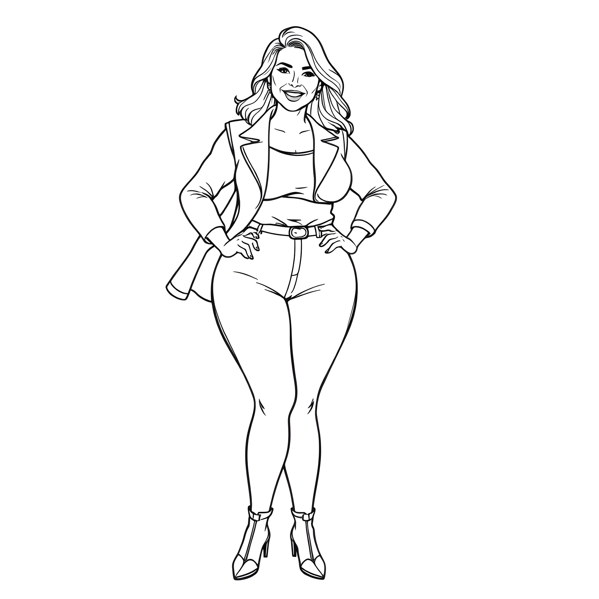 Woman in stylish outfit posing confidently Coloring Page (free black-and-white line drawing printable PDF for all, from beginners to advanced learners, including children, teens, adults, and seniors)