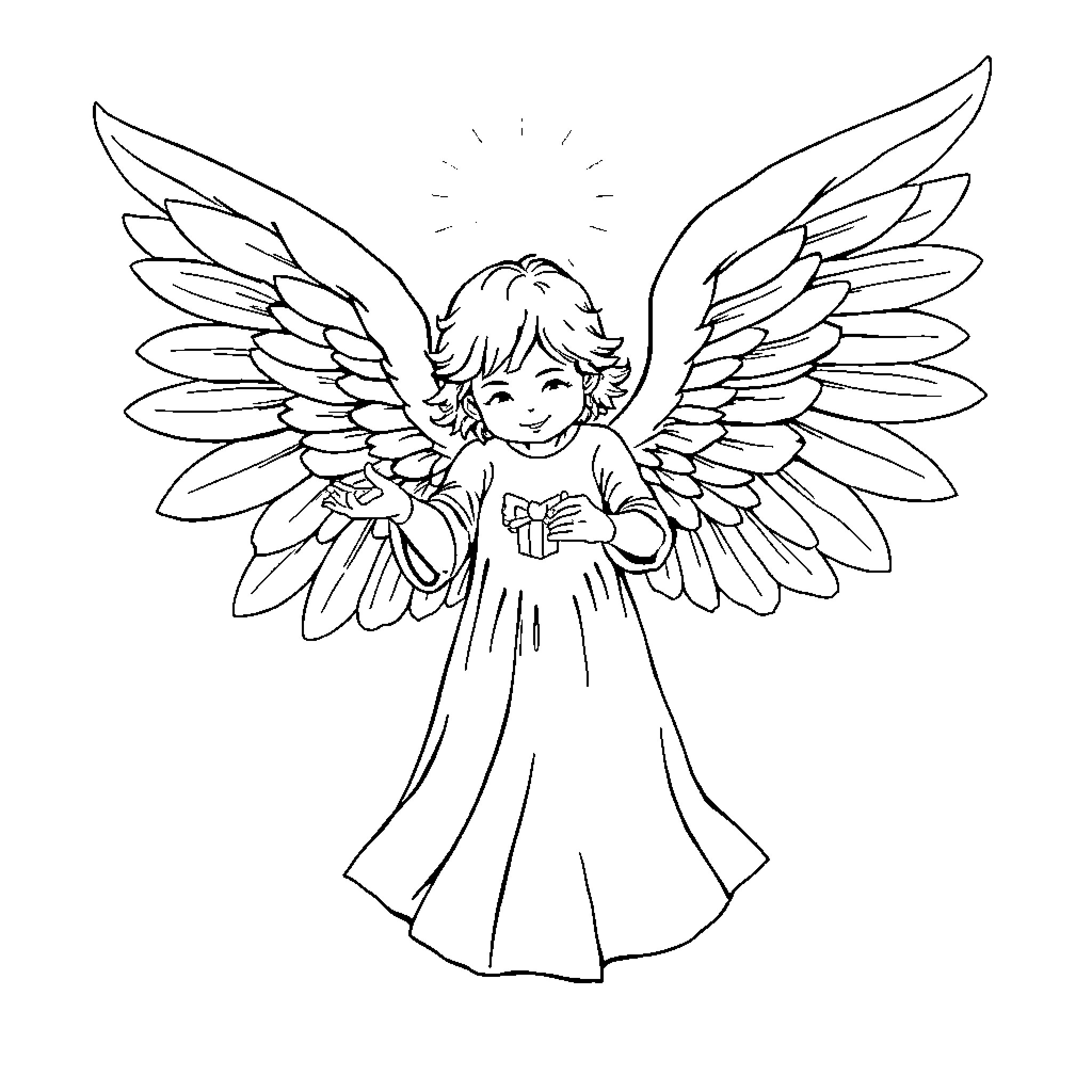 Angel child with wings and halo Coloring Page (free black-and-white line drawing printable PDF for all, from beginners to advanced learners, including children, teens, adults, and seniors)