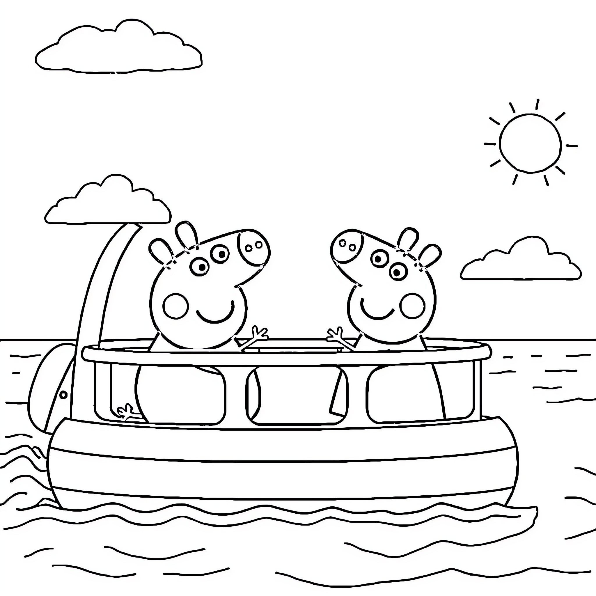 Peppa Pig and friends boating on the water Coloring Page (free black-and-white line drawing printable PDF for all, from beginners to advanced learners, including children, teens, adults, and seniors)