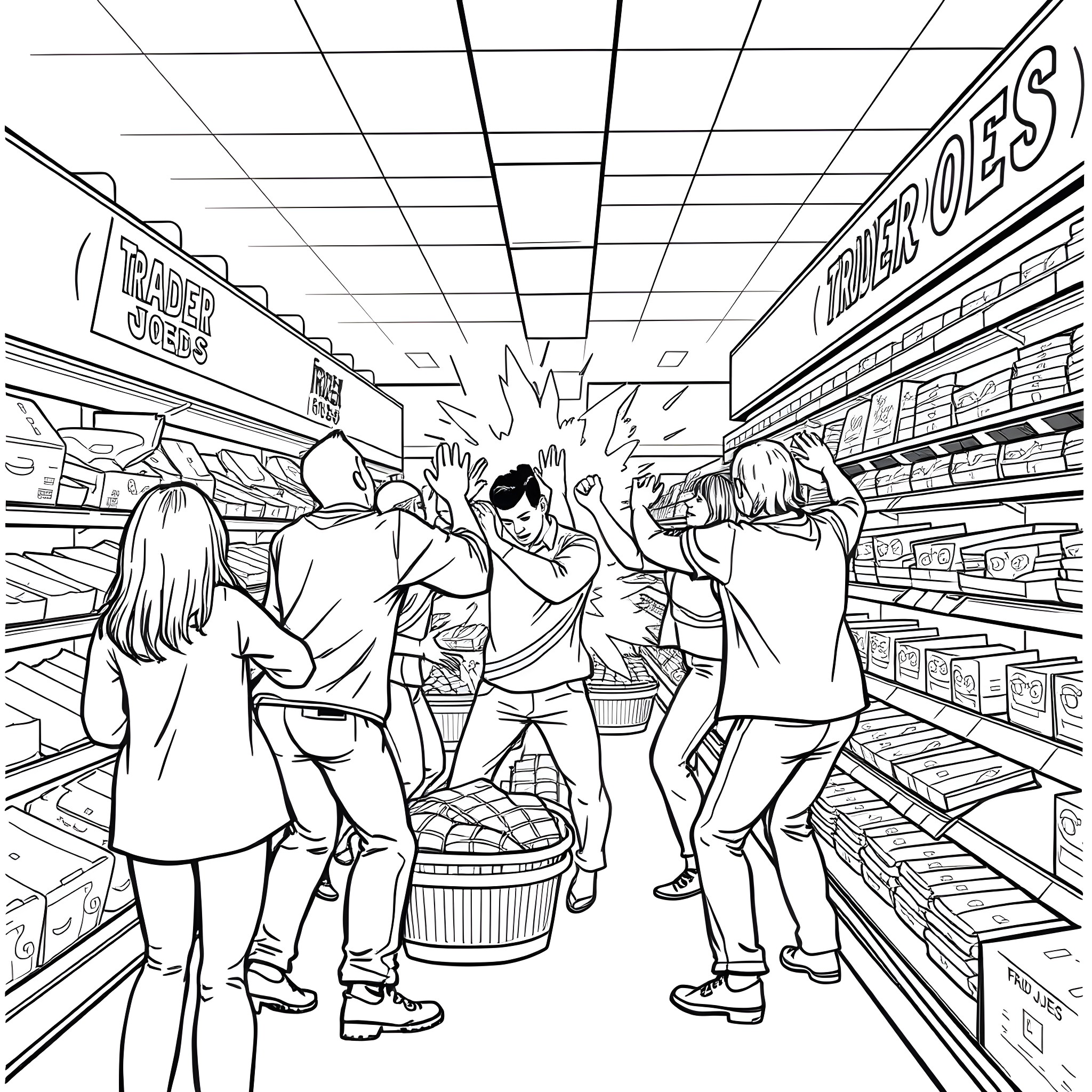 Fight Scene in a Supermarket Aisle Coloring Page (free black-and-white line drawing printable PDF for all, from beginners to advanced learners, including children, teens, adults, and seniors)