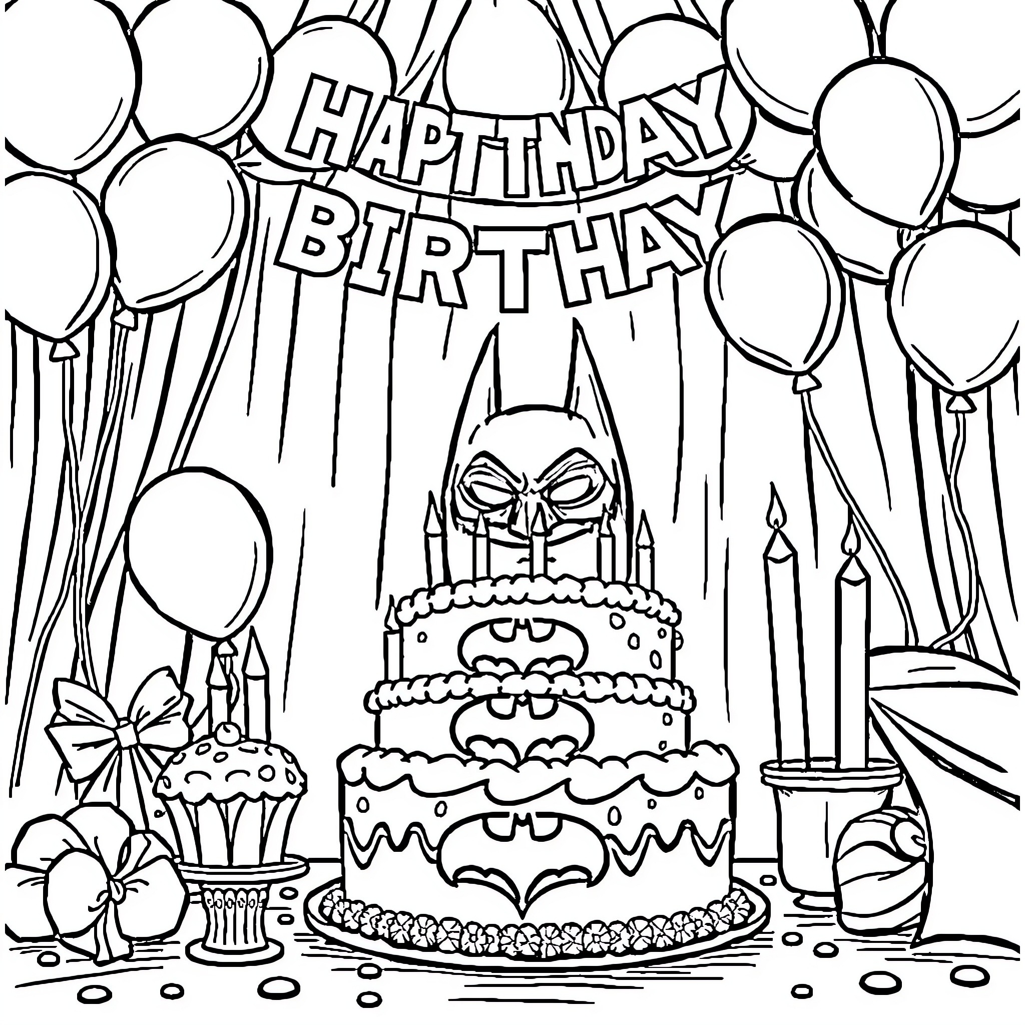 Batman's Birthday Celebration with Balloons and Cake Coloring Page (free black-and-white line drawing printable PDF for all, from beginners to advanced learners, including children, teens, adults, and seniors)