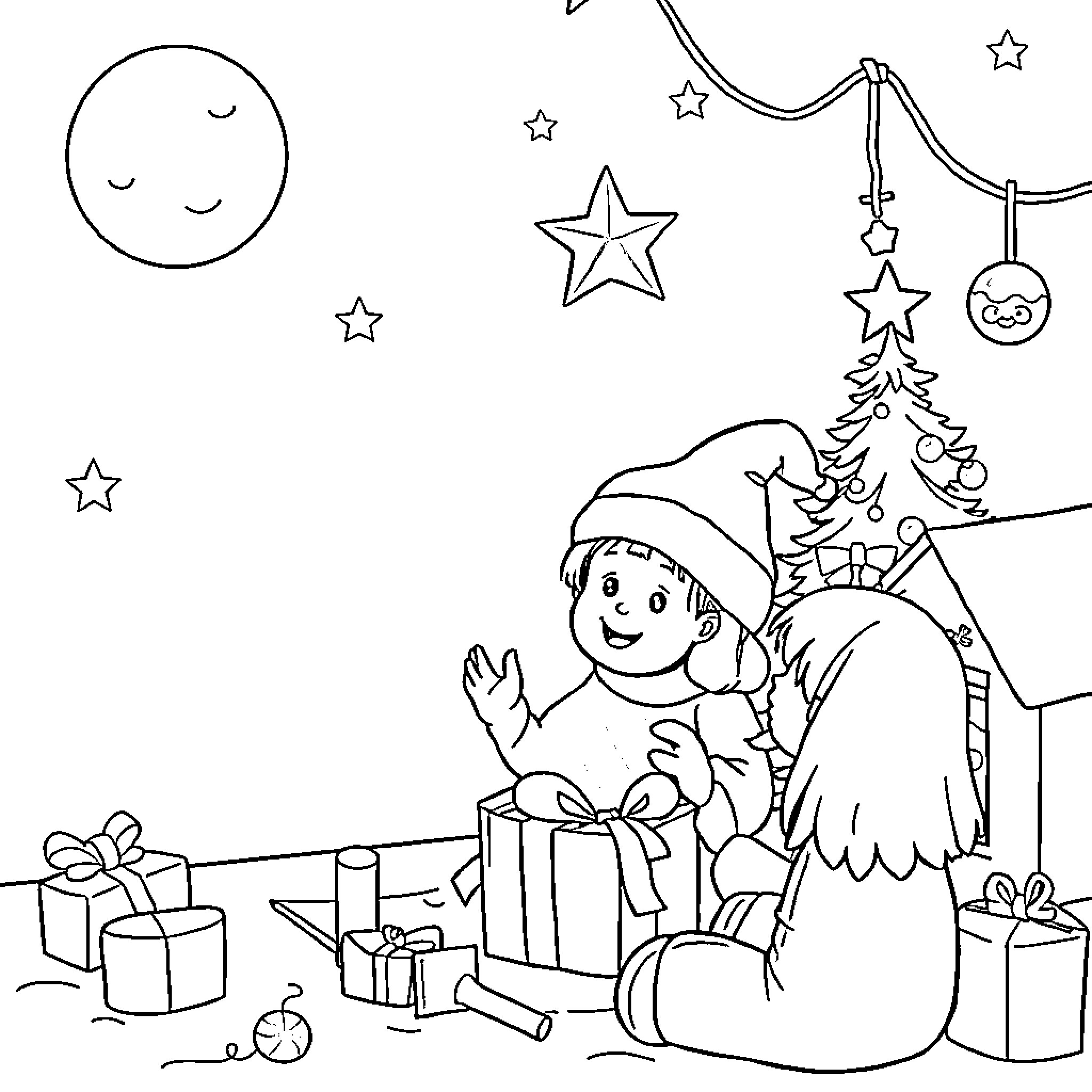 Christmas cheer with a playful elf Coloring Page (free black-and-white line drawing printable PDF for all, from beginners to advanced learners, including children, teens, adults, and seniors)