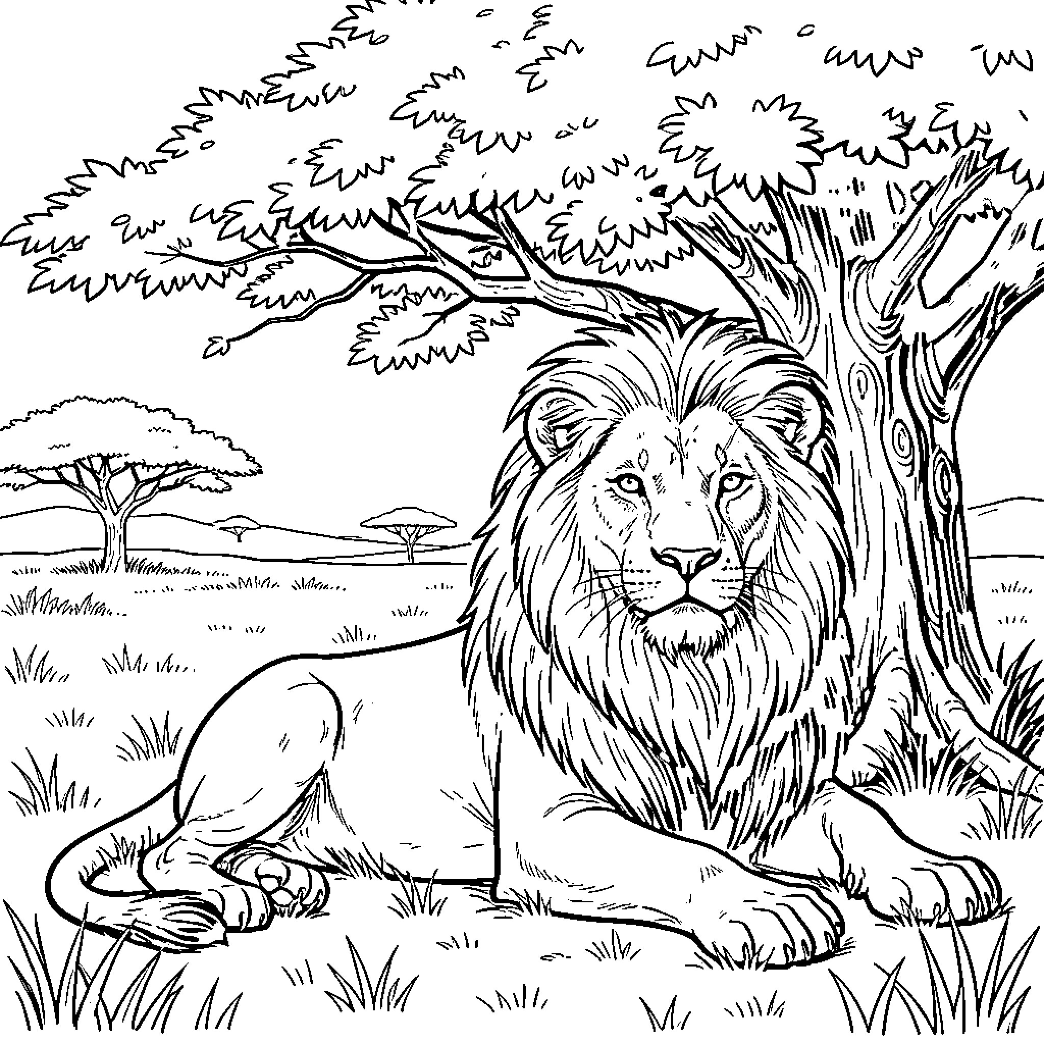Lion resting peacefully in the African savanna Coloring Page (free black-and-white line drawing printable PDF for all, from beginners to advanced learners, including children, teens, adults, and seniors)