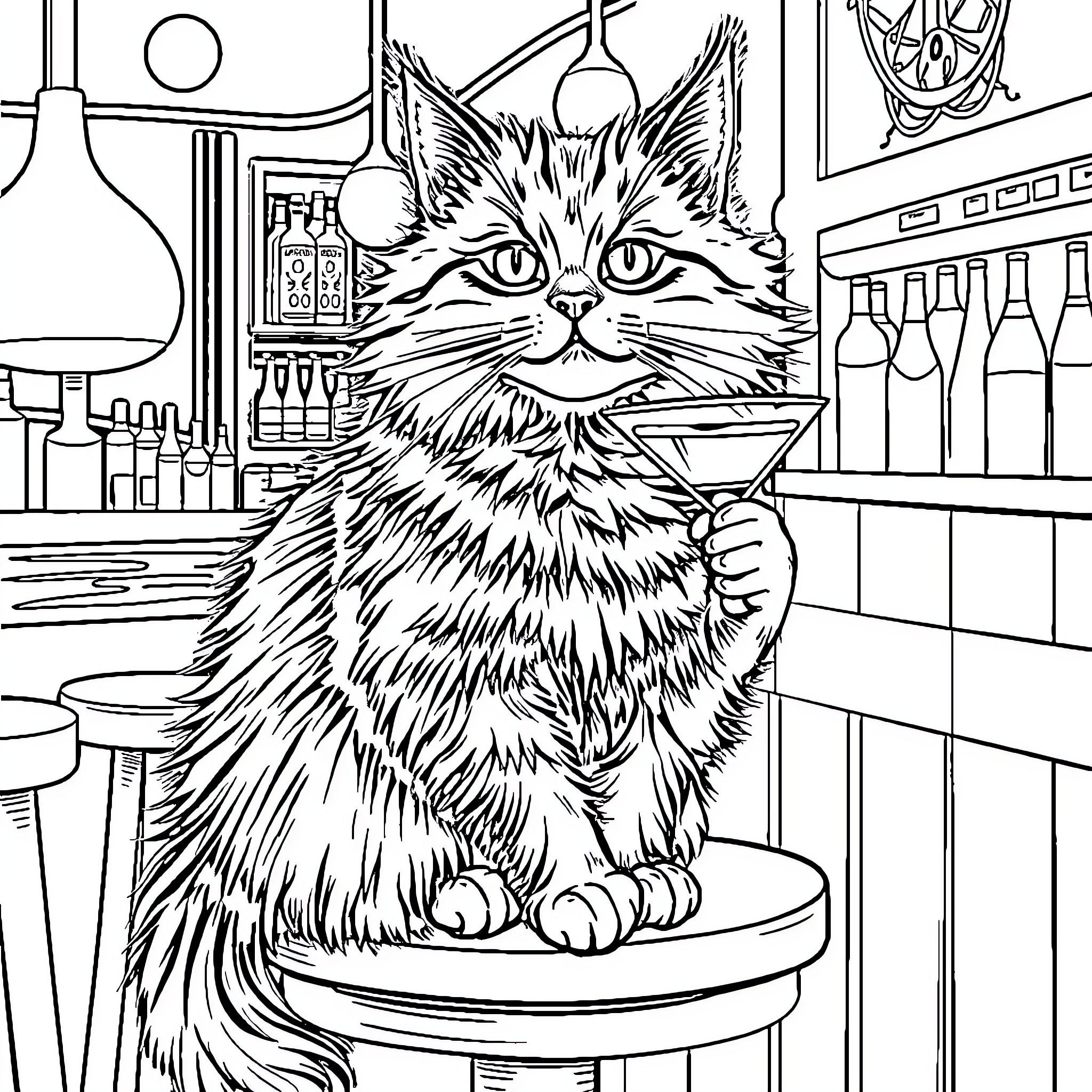 Cat observing laboratory equipment in the chemistry lab Coloring Page (free black-and-white line drawing printable PDF for all, from beginners to advanced learners, including children, teens, adults, and seniors)