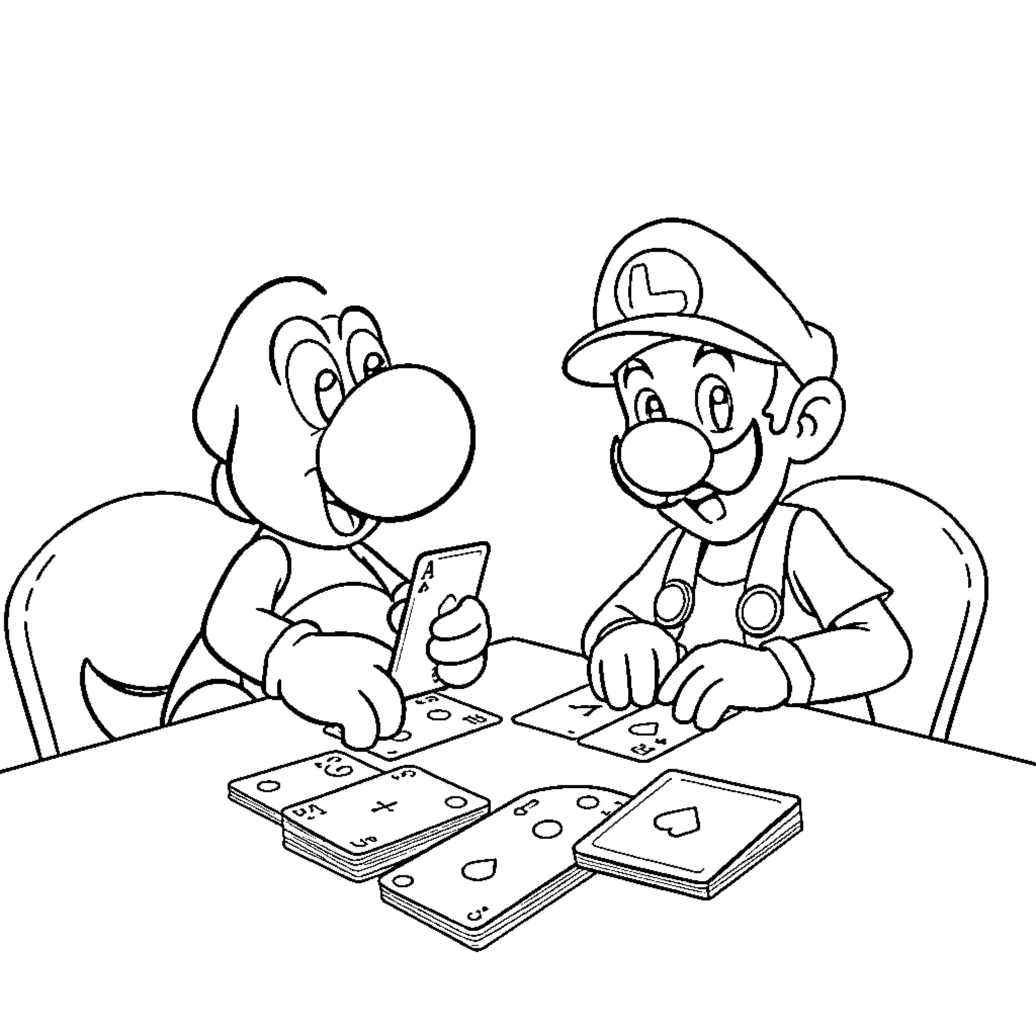 Yoshi playing games with Luigi Coloring Page (free black-and-white line drawing printable PDF for all, from beginners to advanced learners, including children, teens, adults, and seniors)