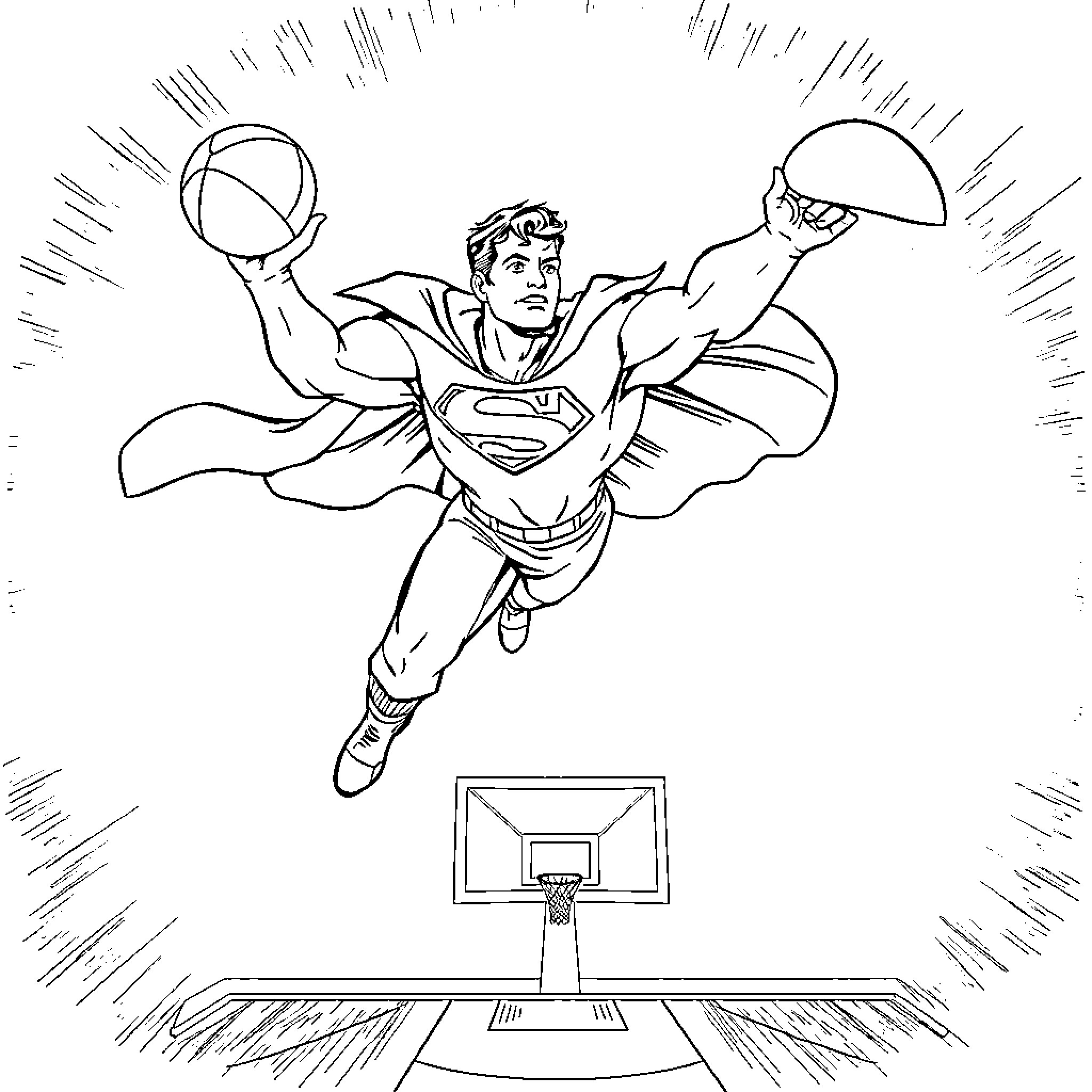 Superman Soaring Through the Air with Basketball Coloring Page (free black-and-white line drawing printable PDF for all, from beginners to advanced learners, including children, teens, adults, and seniors)