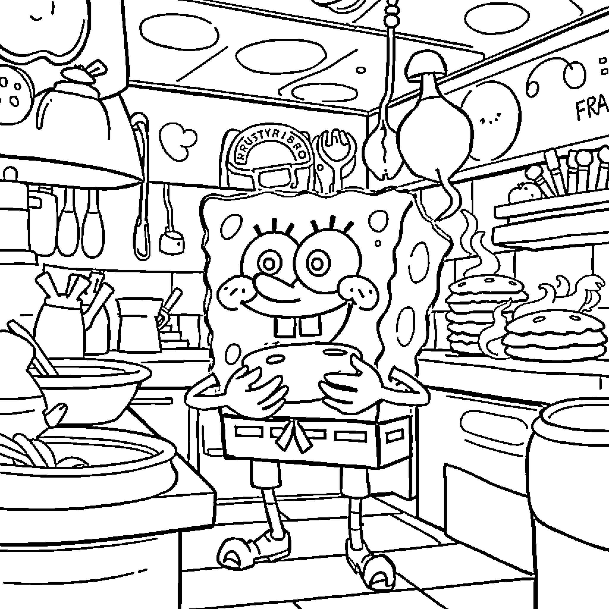 Spongebob's Whimsical Kitchen Adventure Coloring Page (free black-and-white line drawing printable PDF for all, from beginners to advanced learners, including children, teens, adults, and seniors)